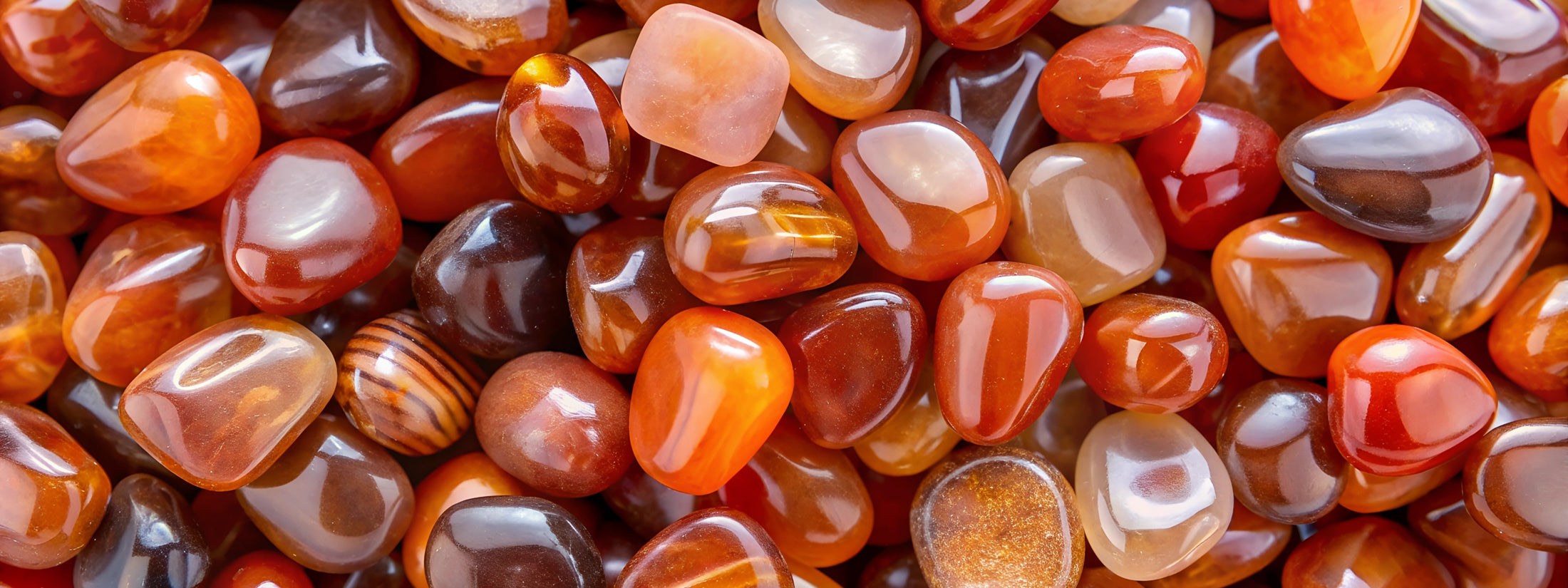 A pile of carnelian, carnelian agate and red agate stones, polished.