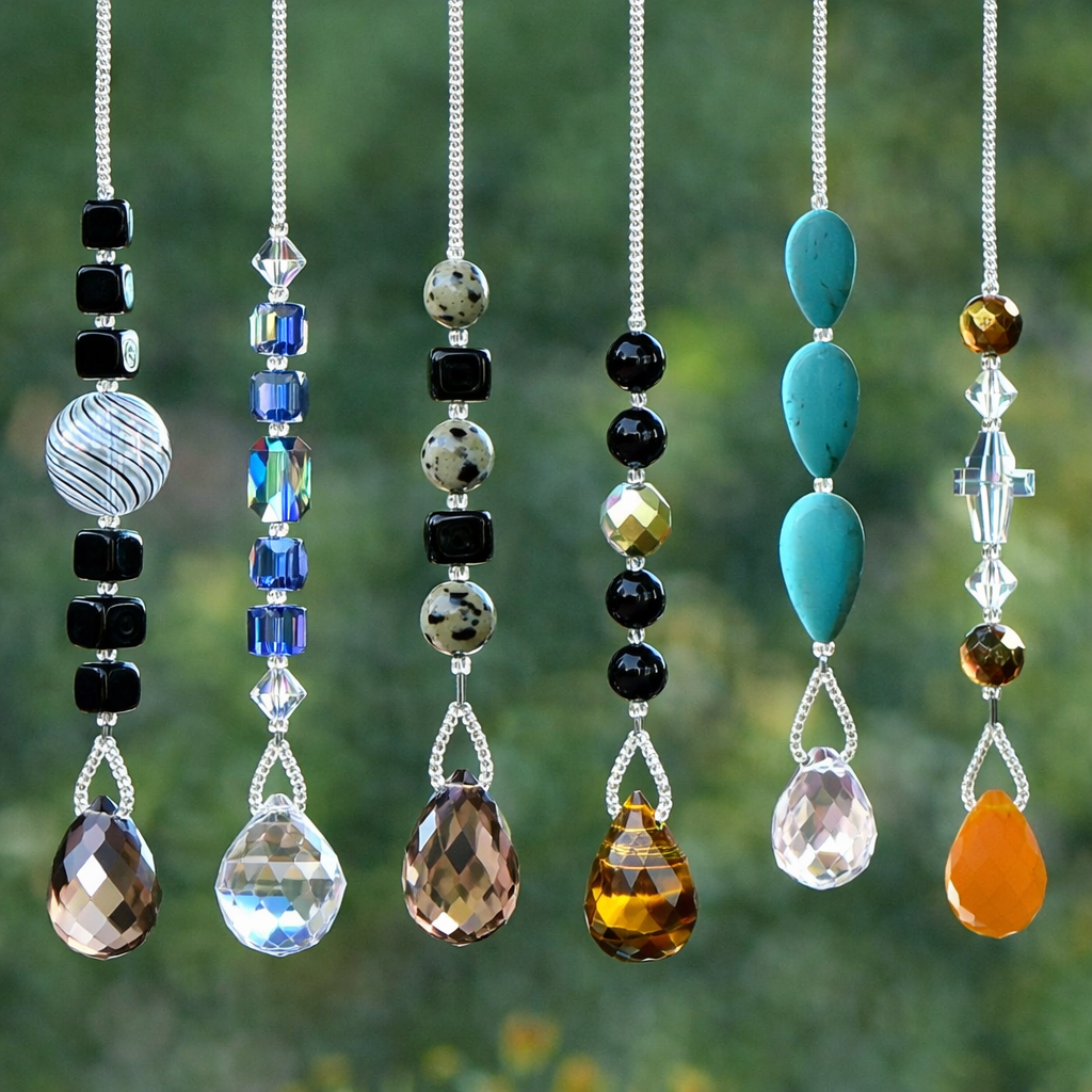 Handmade beaded suncatchers with glass and crystal elements in black, blue, turquoise and gold tones, hanging side by side with faceted drops.