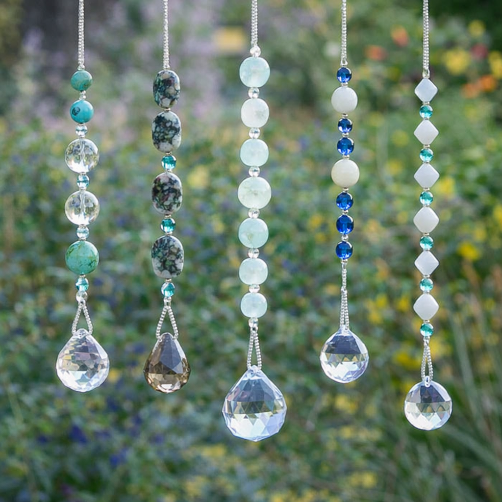 Row of five handmade longer suncatchers with turquoise, blue and neutral beads, each ending in a faceted crystal drop, hanging against a blurred garden setting