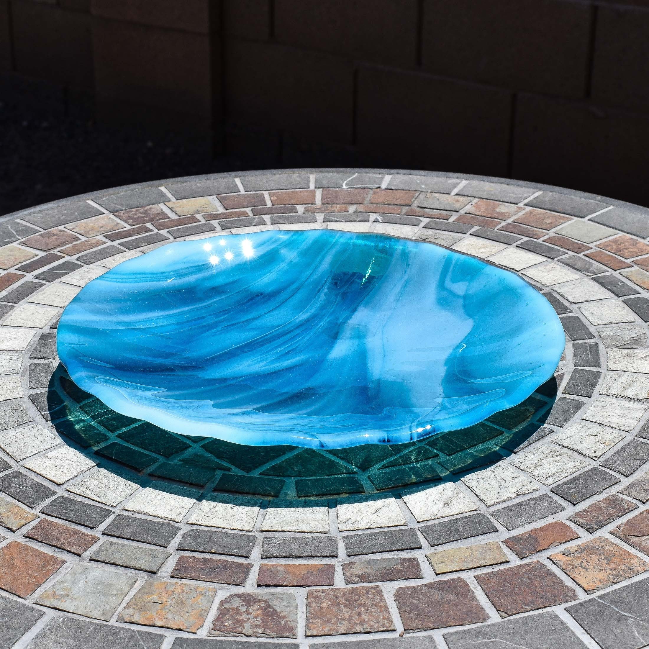 Large 10" Round Fused Glass Ruffled Tray | Turquoise Blue Table Centerpiece | Serving Tray | Housewarming Gift