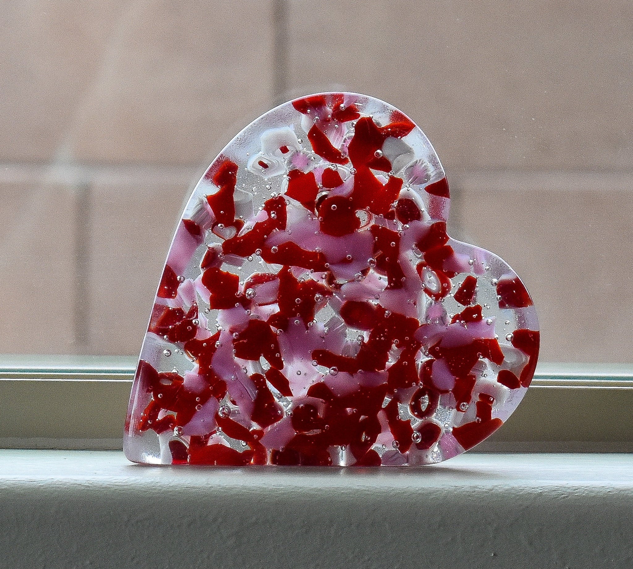 Pink and Red Glass Standing Heart Paperweight