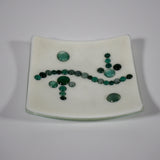 6&quot; square plate in vanilla cream with wave and arrow design made out of teal green and clear glass round pieces