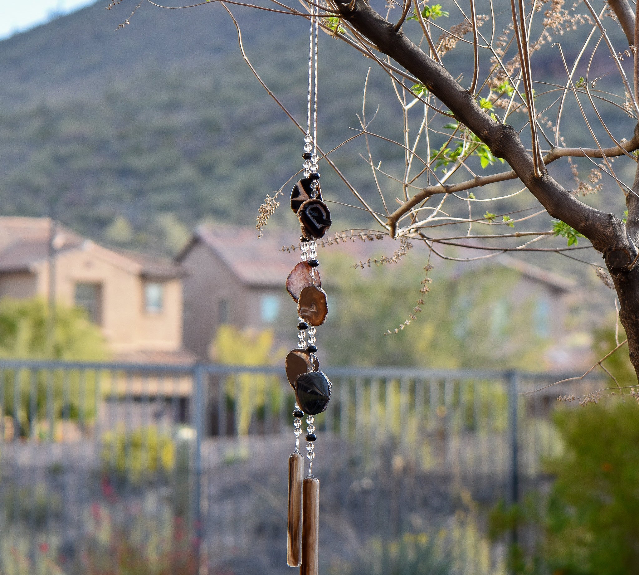 Sliced Black Agate Sun-Catching Glass Wind Chime for the Patio or Garden - Outdoor Decor Gift for the Home