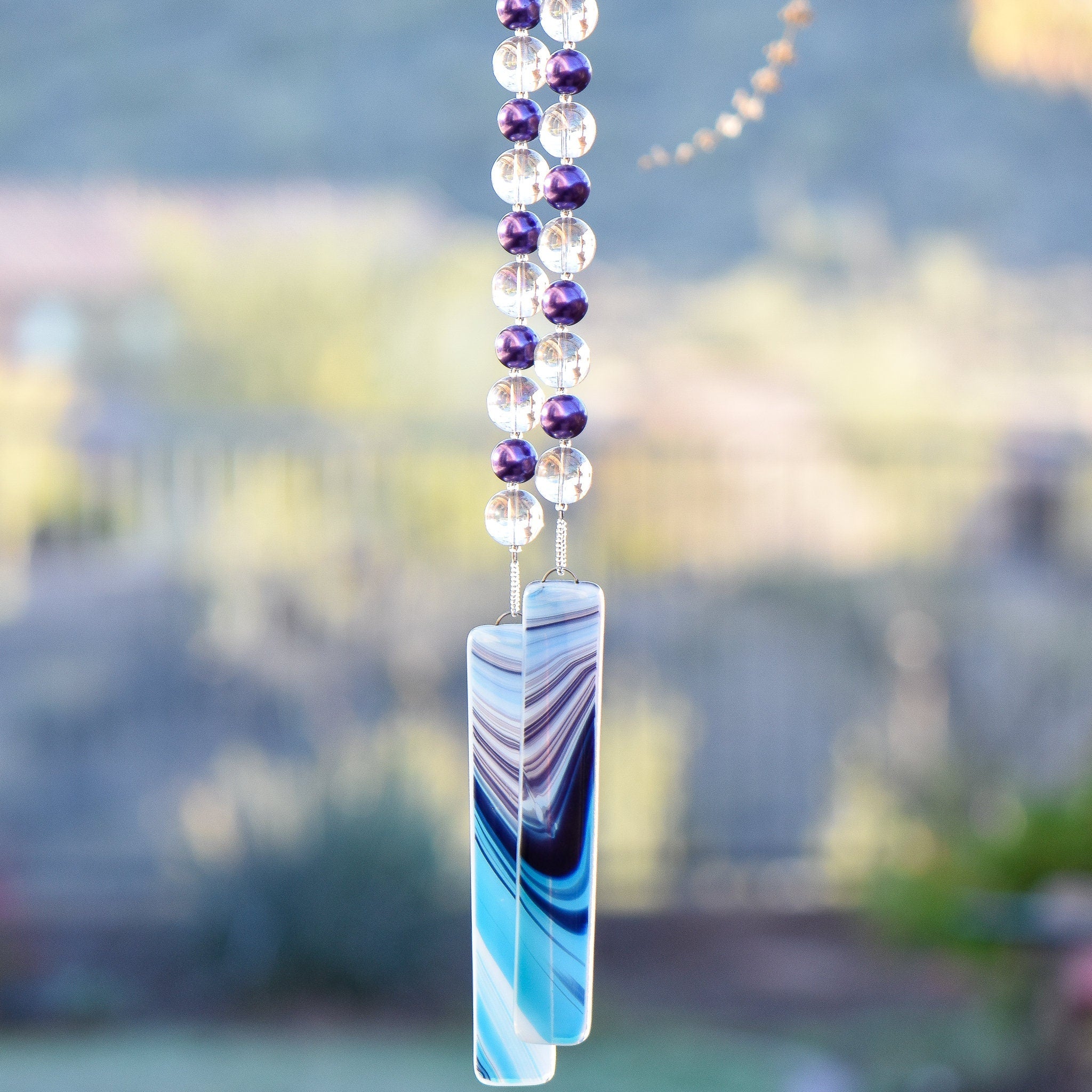 Bright Purple Pearl Glass Wind Chime for Patio, Balcony, Garden - Light Catching Gift for Housewarming, Retirement, Memorial