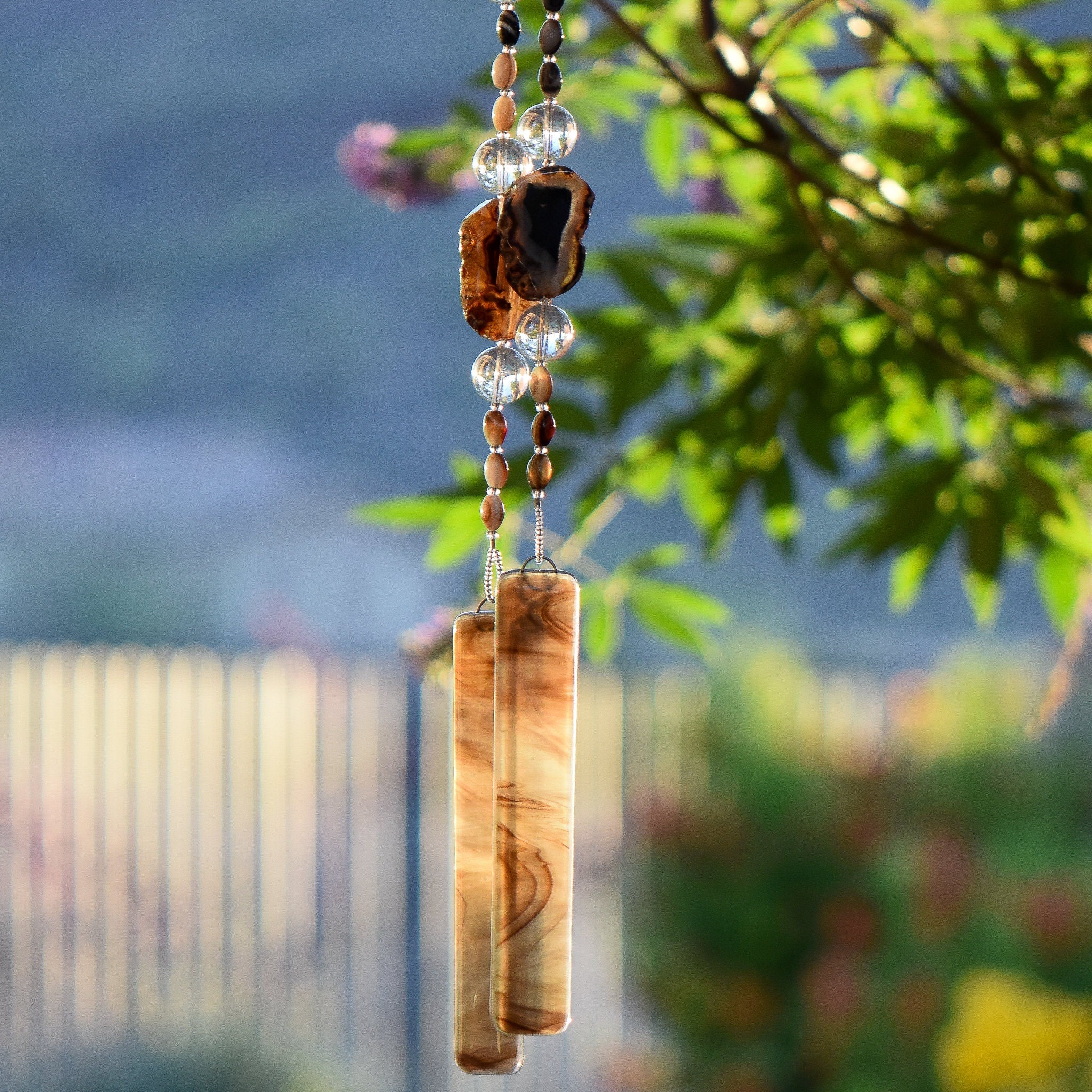 Black Agate Sun-Catcher Wind Chime with Fused Glass for the Patio or Garden