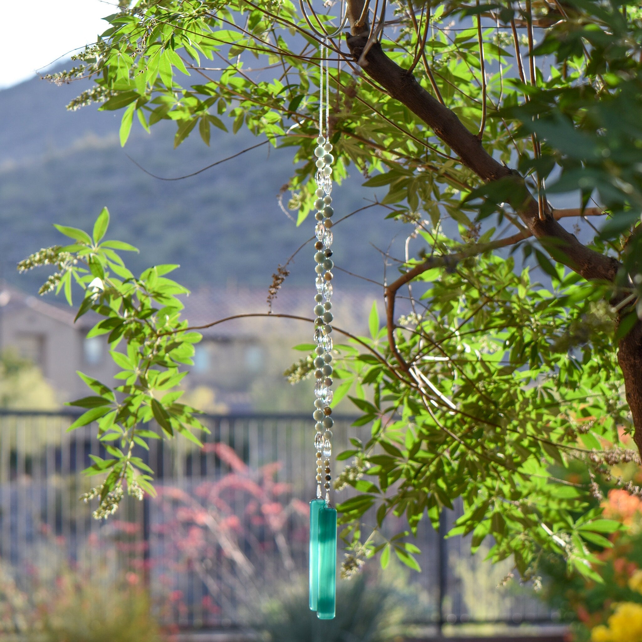 Handcrafted Sun Chime with Amazonite Stones and Glass Crystal for a Calming Patio Oasis