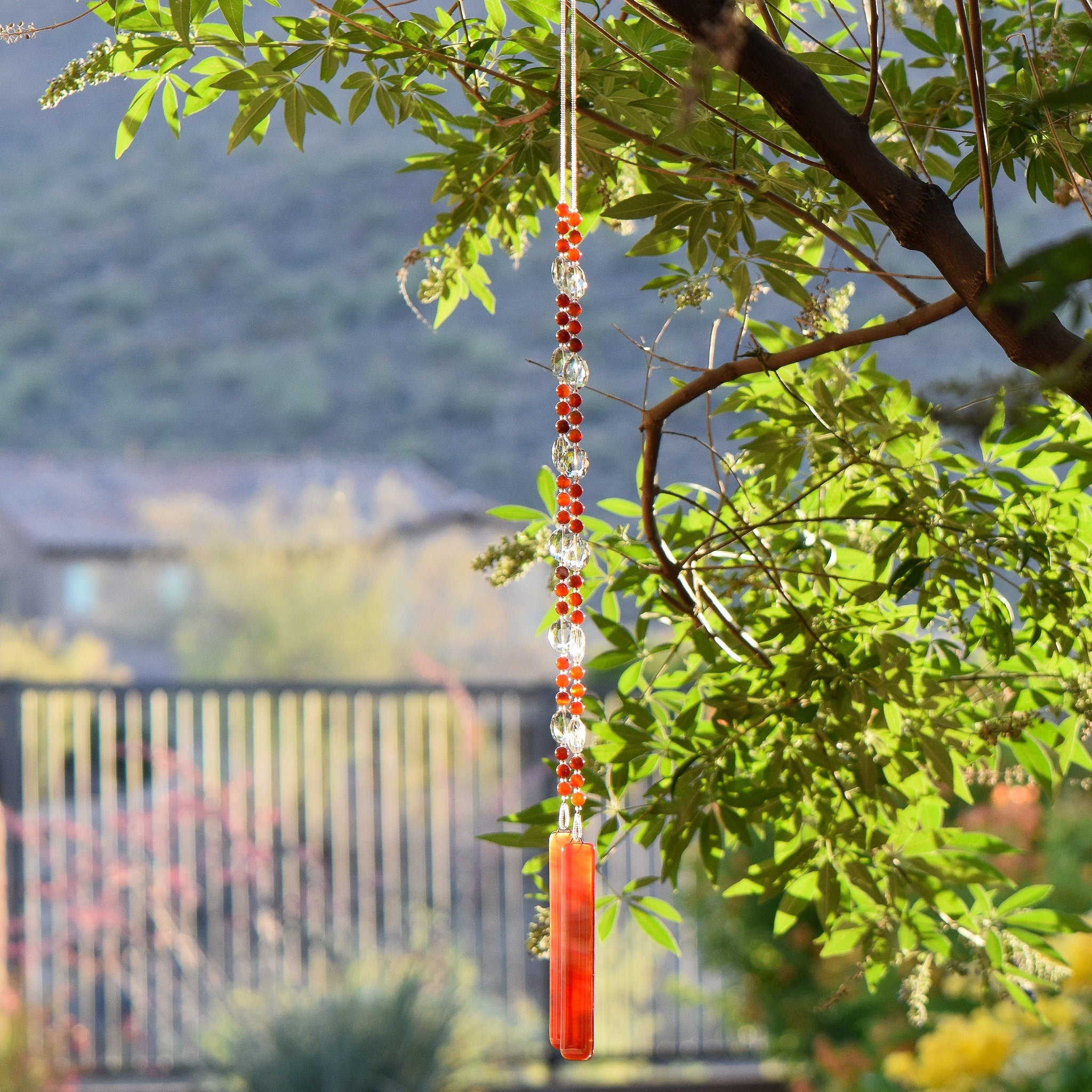 Red Agate Stone and Fused Glass Sun Chime for the Outdoors - Bright, Beautiful Color