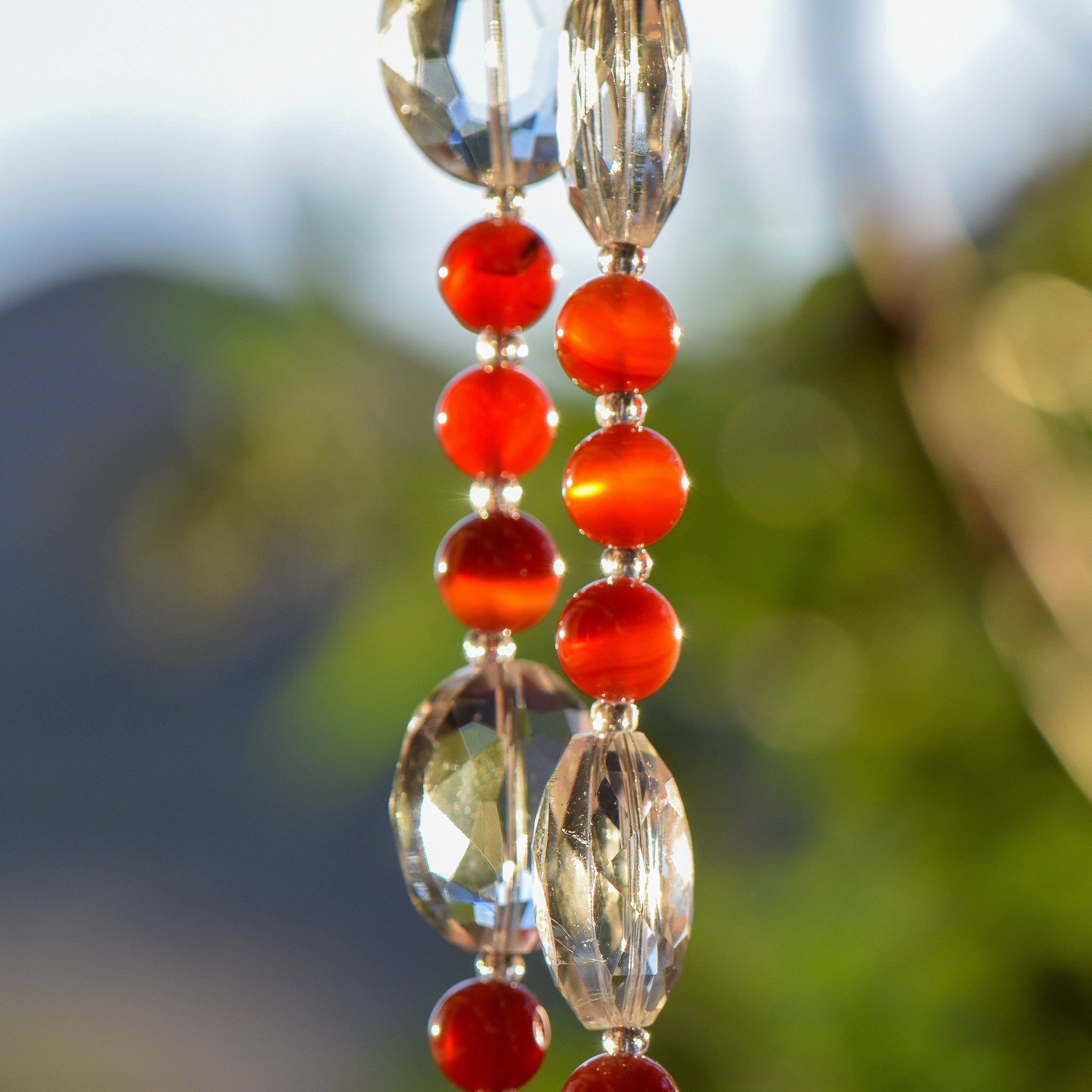 Red Agate Stone and Fused Glass Sun Chime for the Outdoors - Bright, Beautiful Color