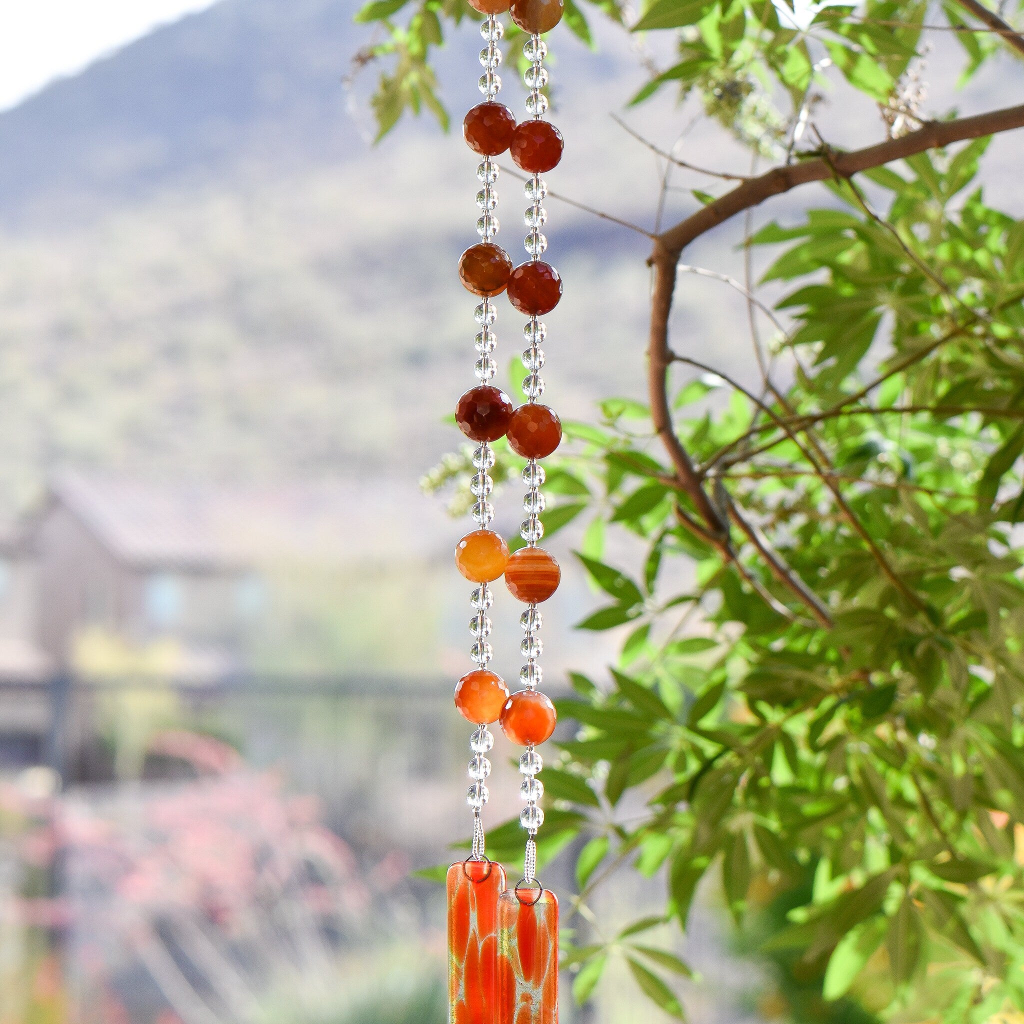 Orange Carnelian Agate Stone Sun-Catcher Wind Chime for Patio, Garden, Balcony