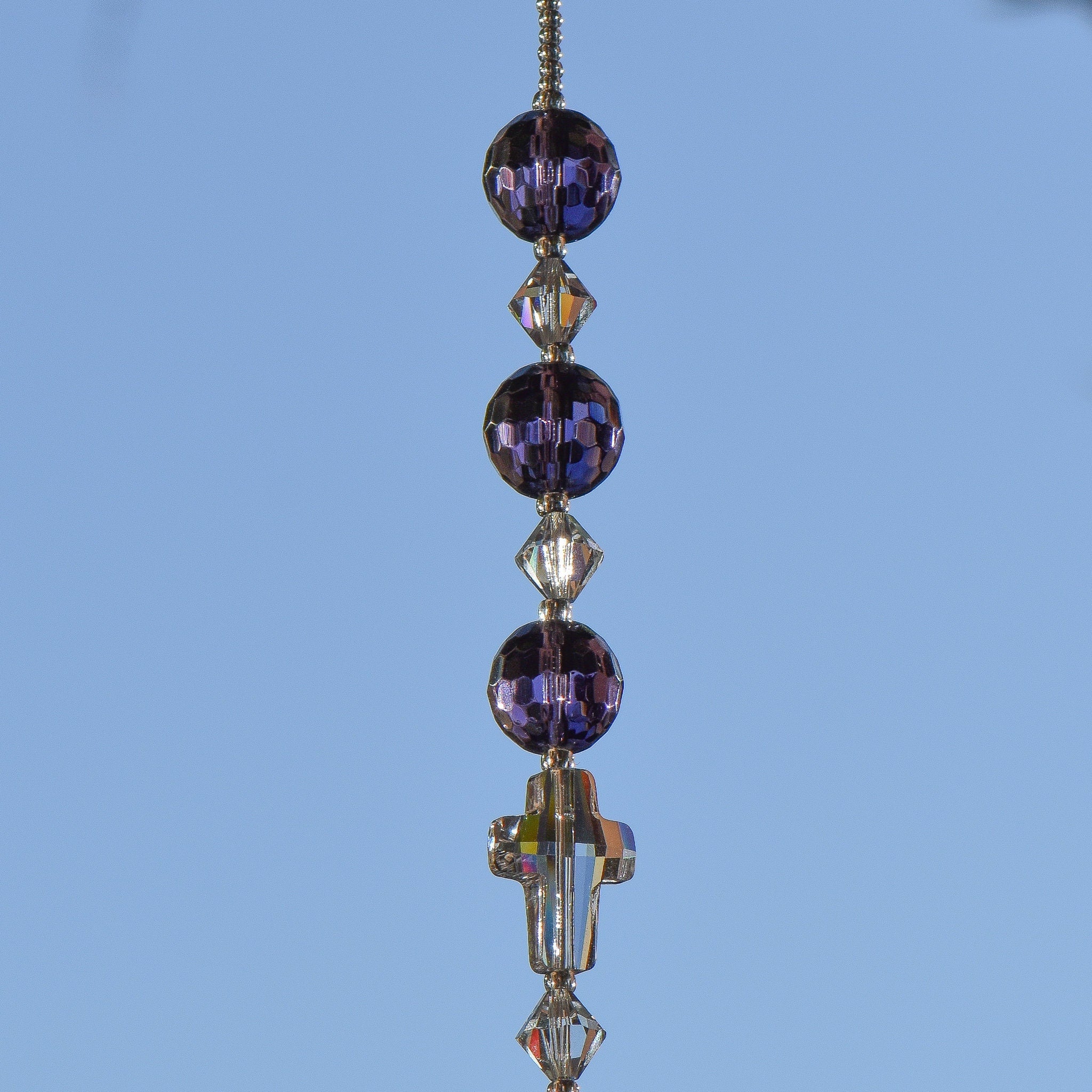 Handmade Purple Glass Car Charm with Crystal Cross