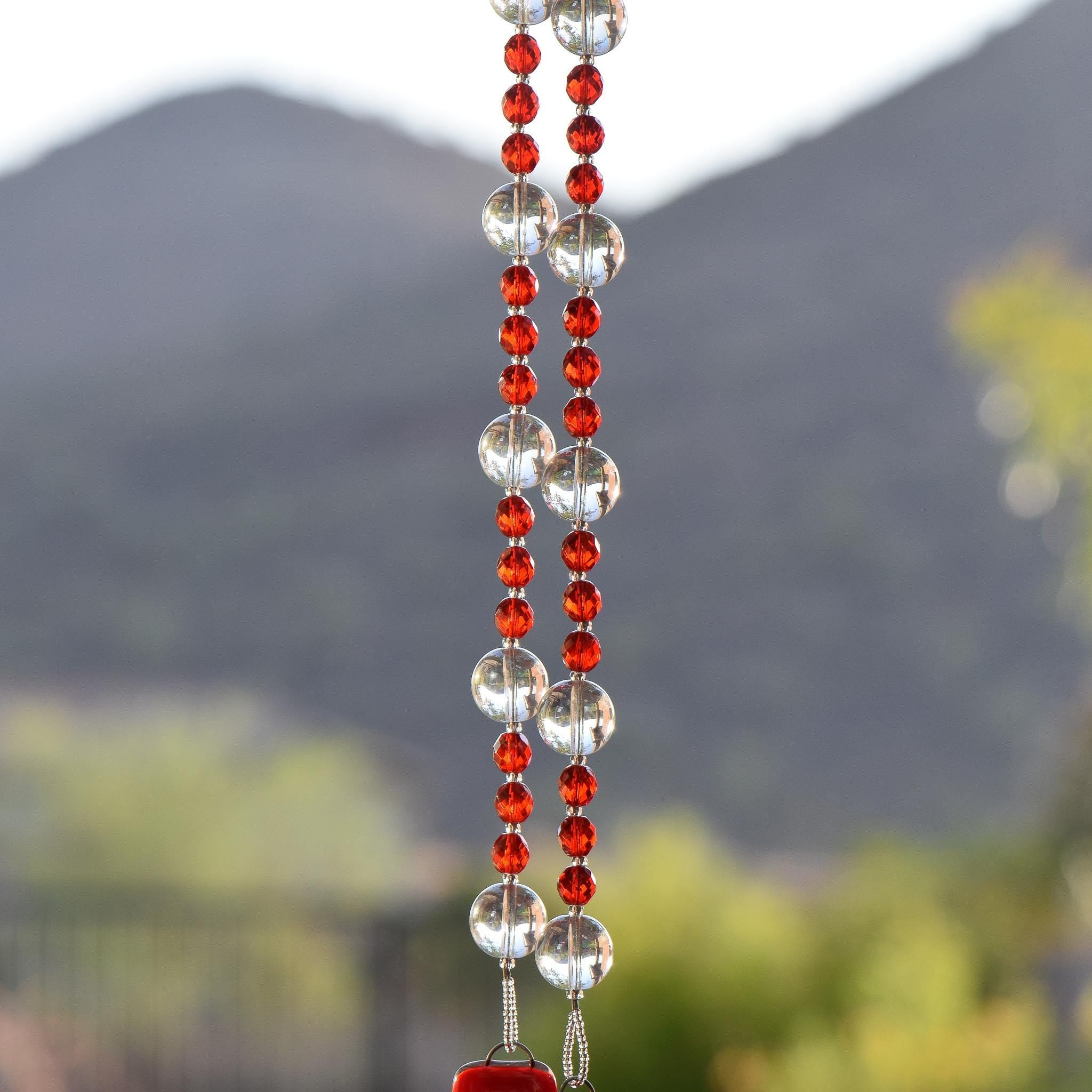 Bright Red Glass Sun Catcher and Wind Chime Outdoor Decor