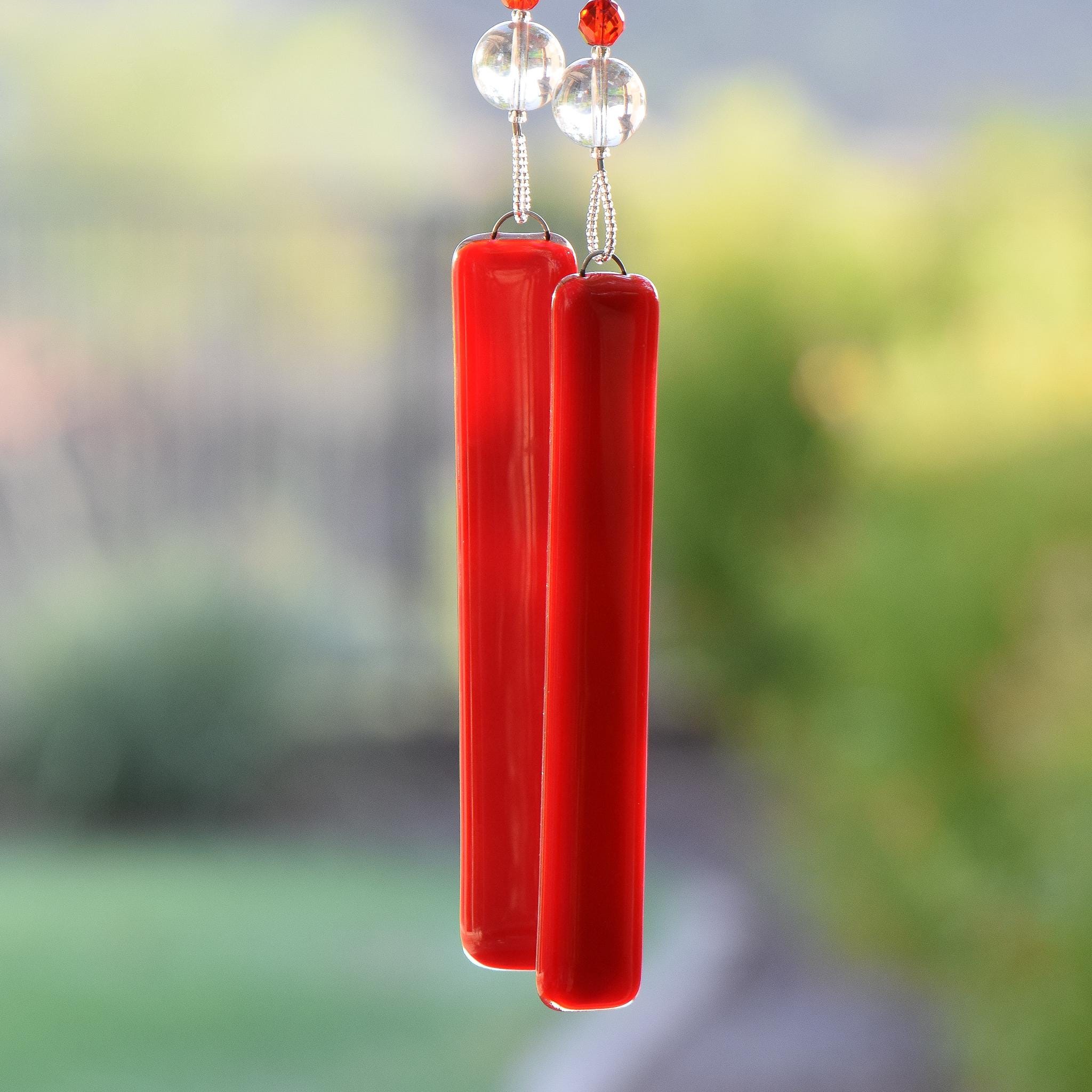 Bright Red Glass Sun Catcher and Wind Chime Outdoor Decor