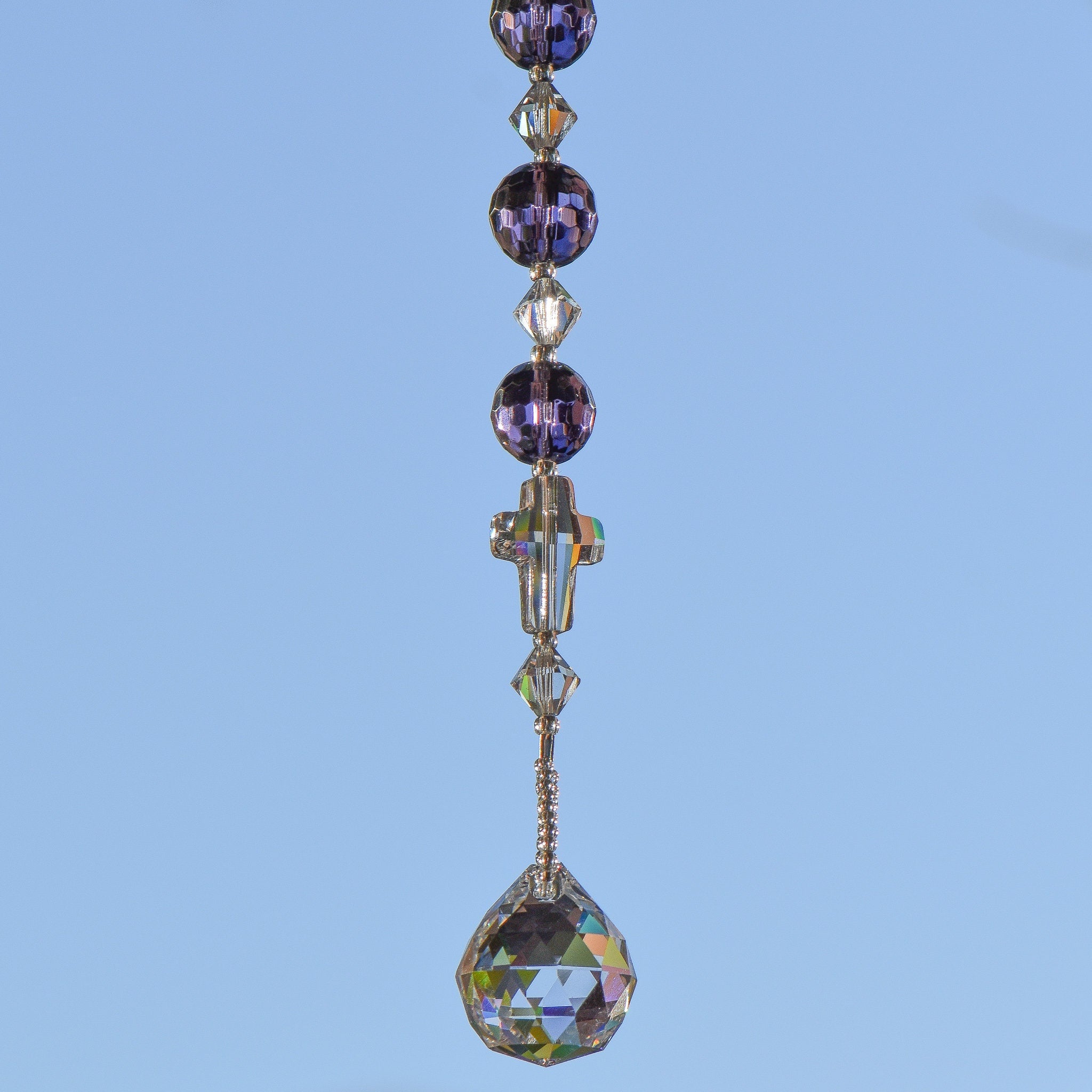 Handmade Purple Glass Car Charm with Crystal Cross