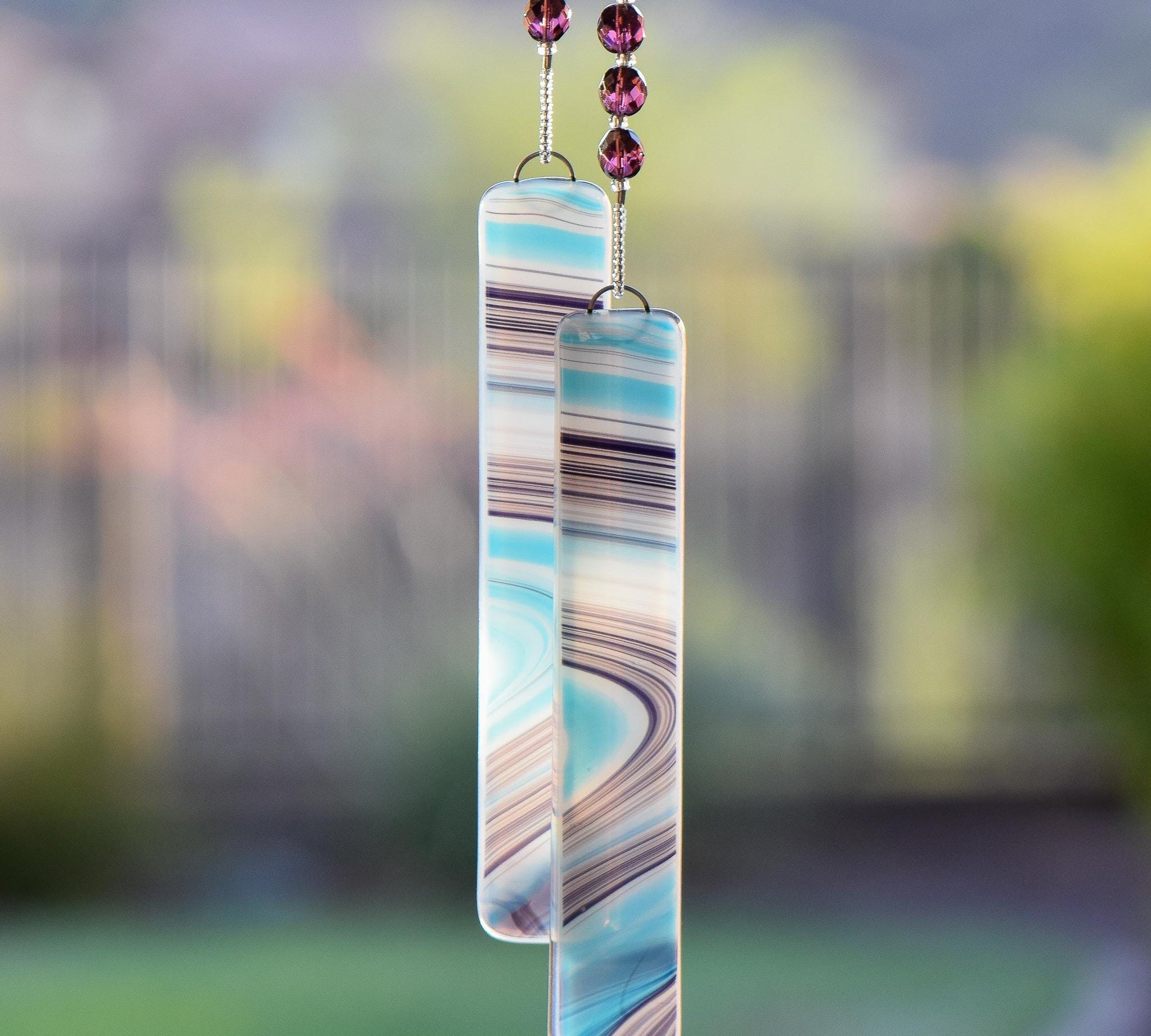 Aqua and Amethyst Glass Sun Catcher and Wind Chime - Hanging Patio Decor