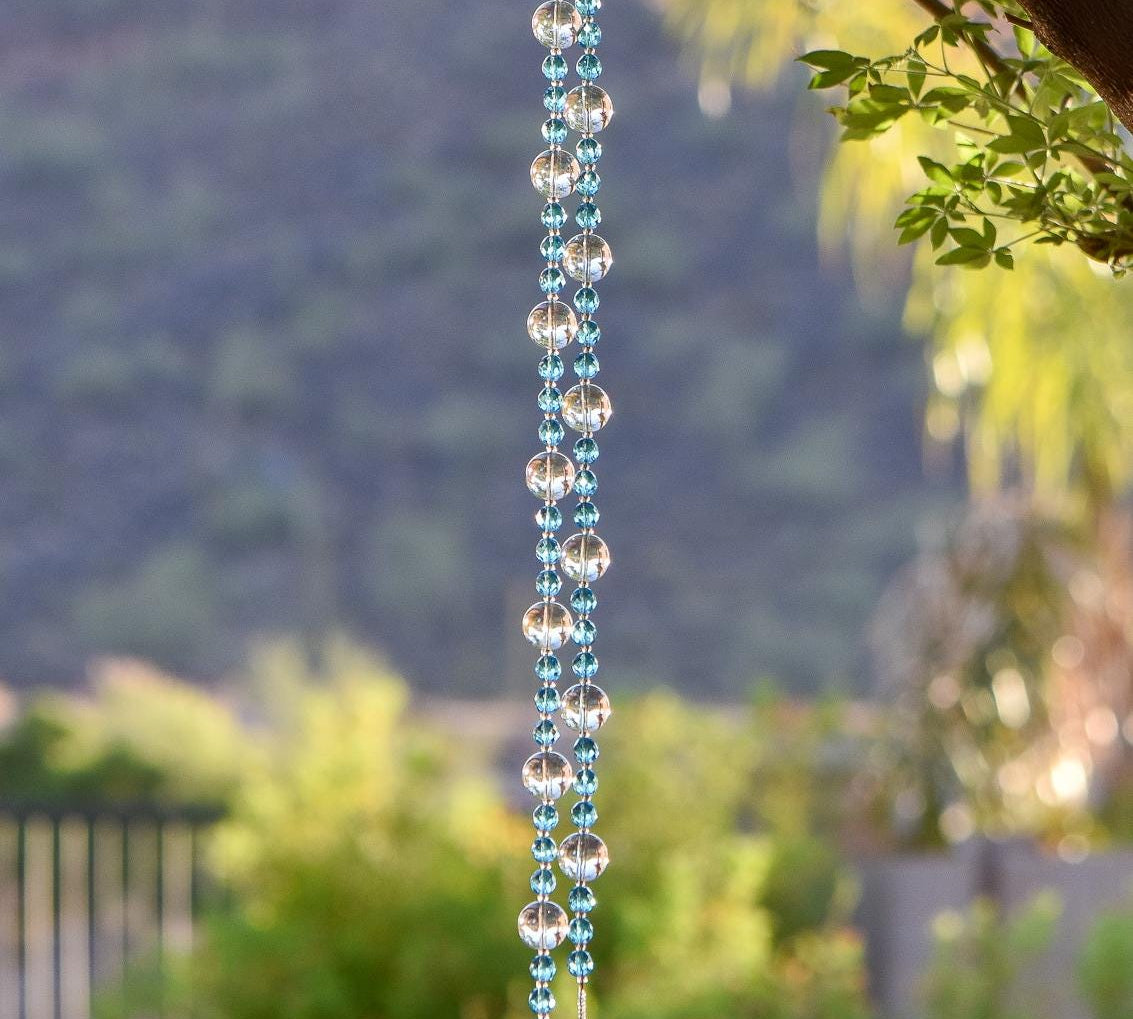 Turquoise Blue Glass Bead Wind Chime with Reflective Clear Glass - Outdoor Decor, Retirement Gift