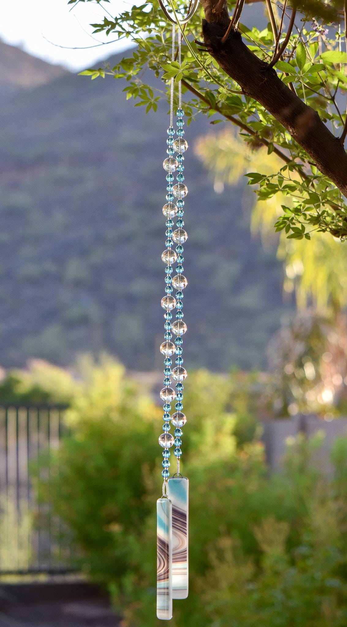 Turquoise Blue Glass Bead Wind Chime with Reflective Clear Glass - Outdoor Decor, Retirement Gift