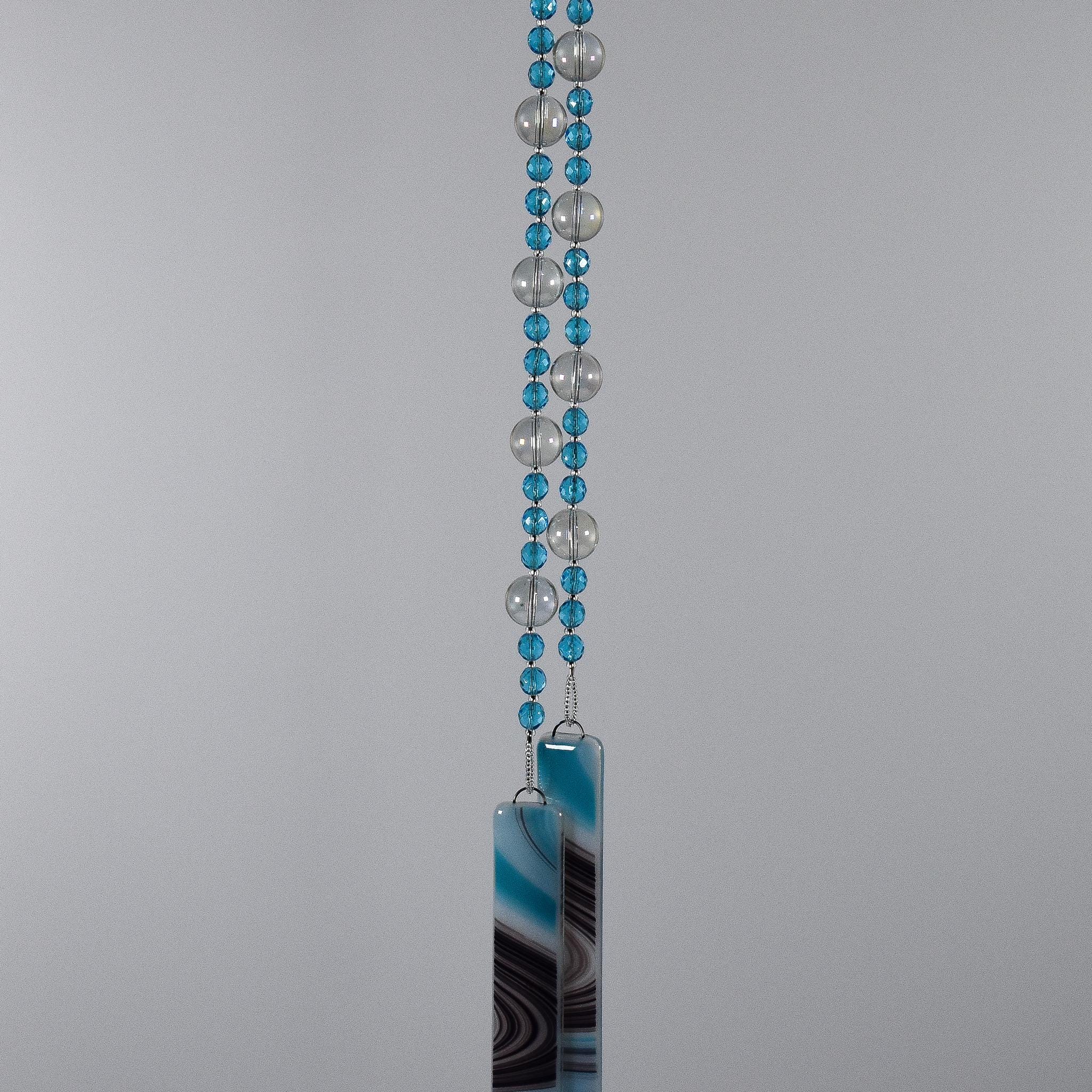 Turquoise Blue Glass Bead Wind Chime with Reflective Clear Glass - Outdoor Decor, Retirement Gift