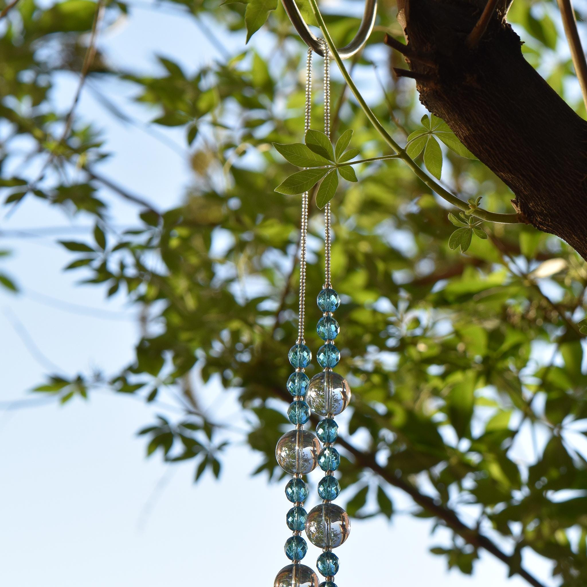 Turquoise Blue Glass Bead Wind Chime with Reflective Clear Glass - Outdoor Decor, Retirement Gift