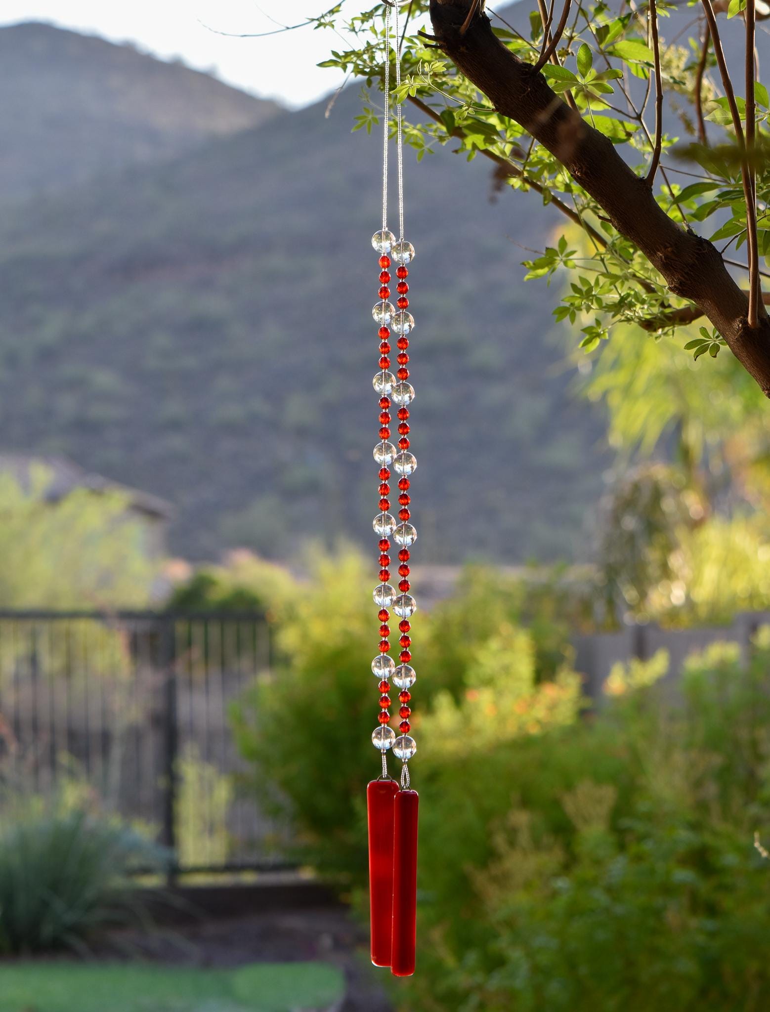 Bright Red Glass Sun Catcher and Wind Chime Outdoor Decor