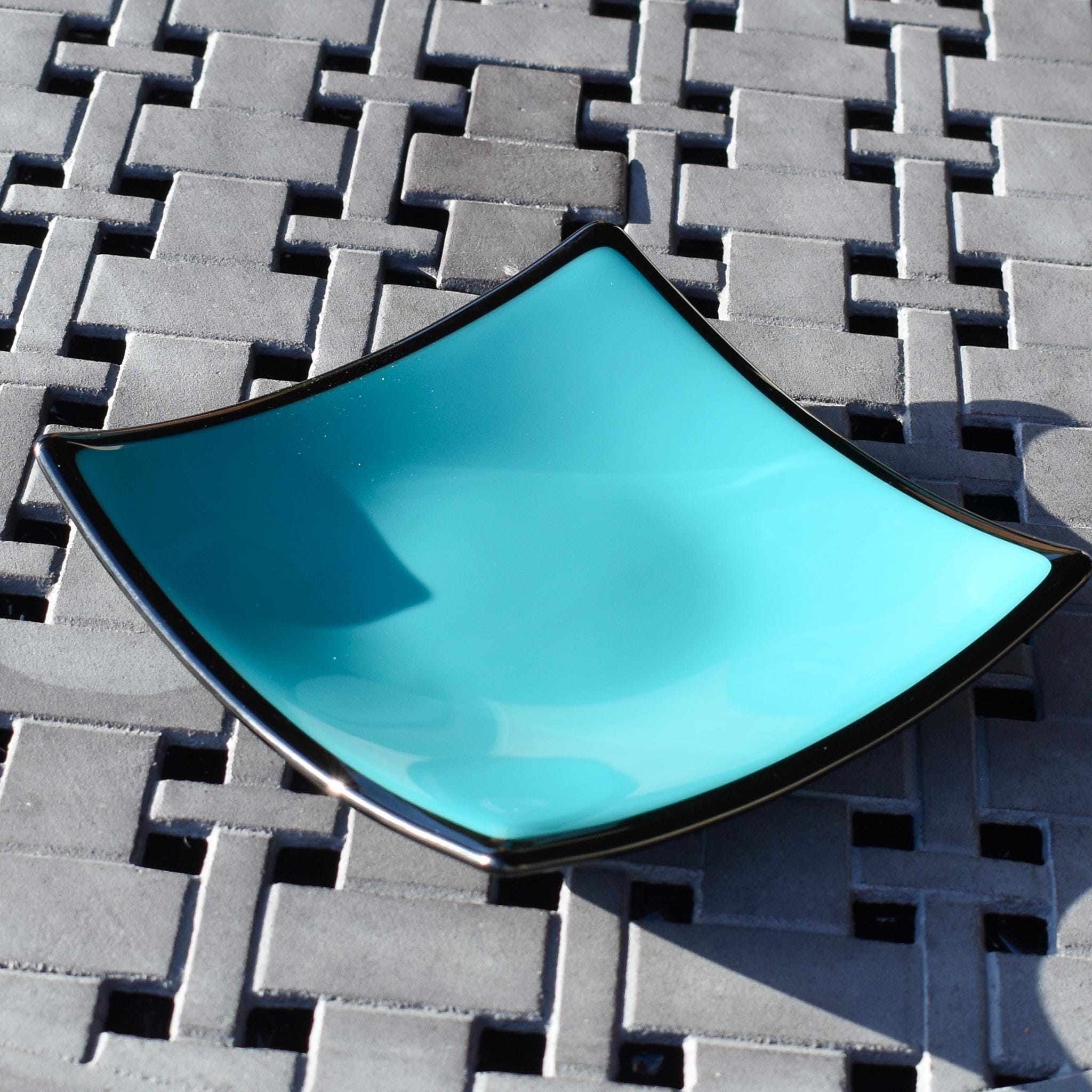 Teal Green Glass Decorative Tray - 6" Square with Black Trim and Base