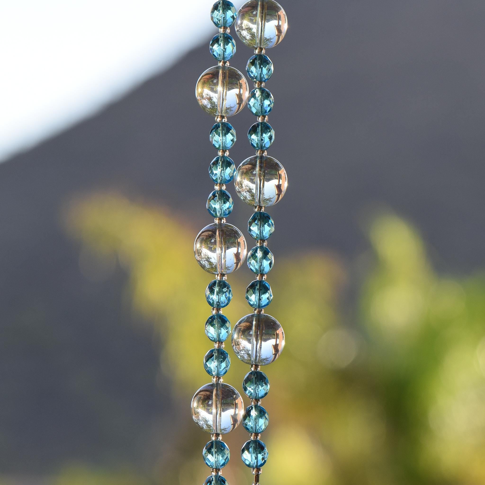 Turquoise Blue Glass Bead Wind Chime with Reflective Clear Glass - Outdoor Decor, Retirement Gift