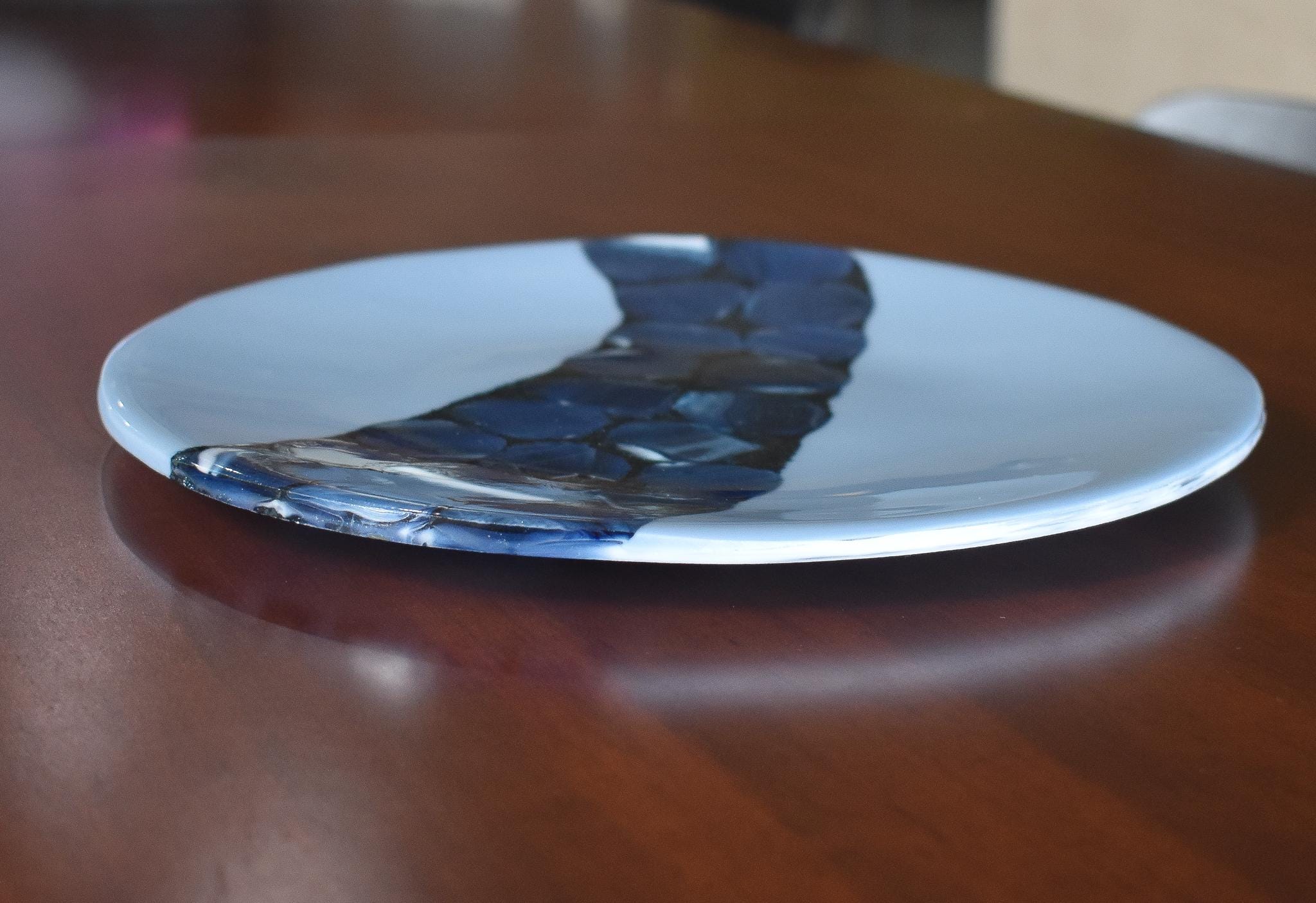 Handcrafted Fused Glass Plate in Payne's Gray and Sparkling Blue - Versatile Home Decor Piece