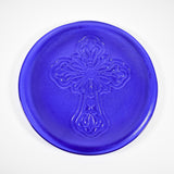 Elegant Dark Blue Glass Platter with Intricate Cross Detail - 10"