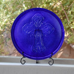 Elegant Dark Blue Glass Platter with Intricate Cross Detail - 10"