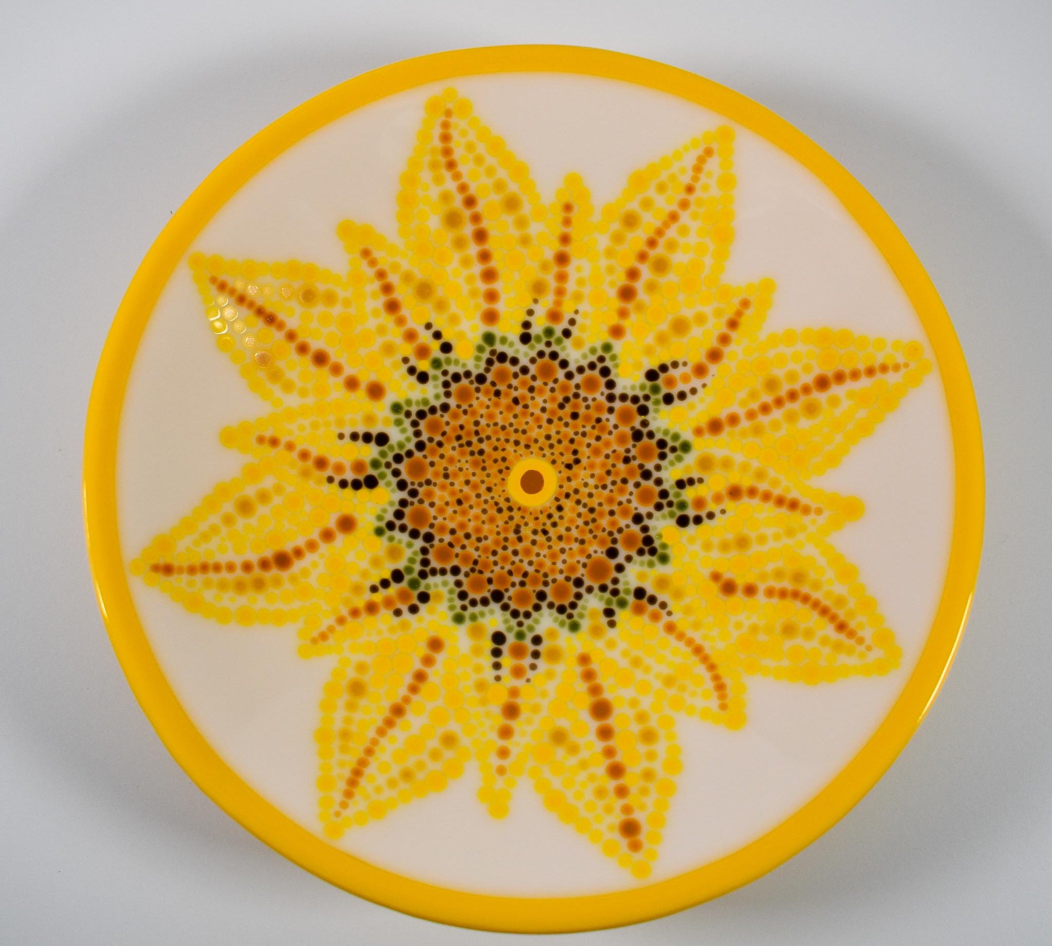 Hand Painted Sunflower Yellow Round Glass Bowl - Decorative Centerpiece - 9"