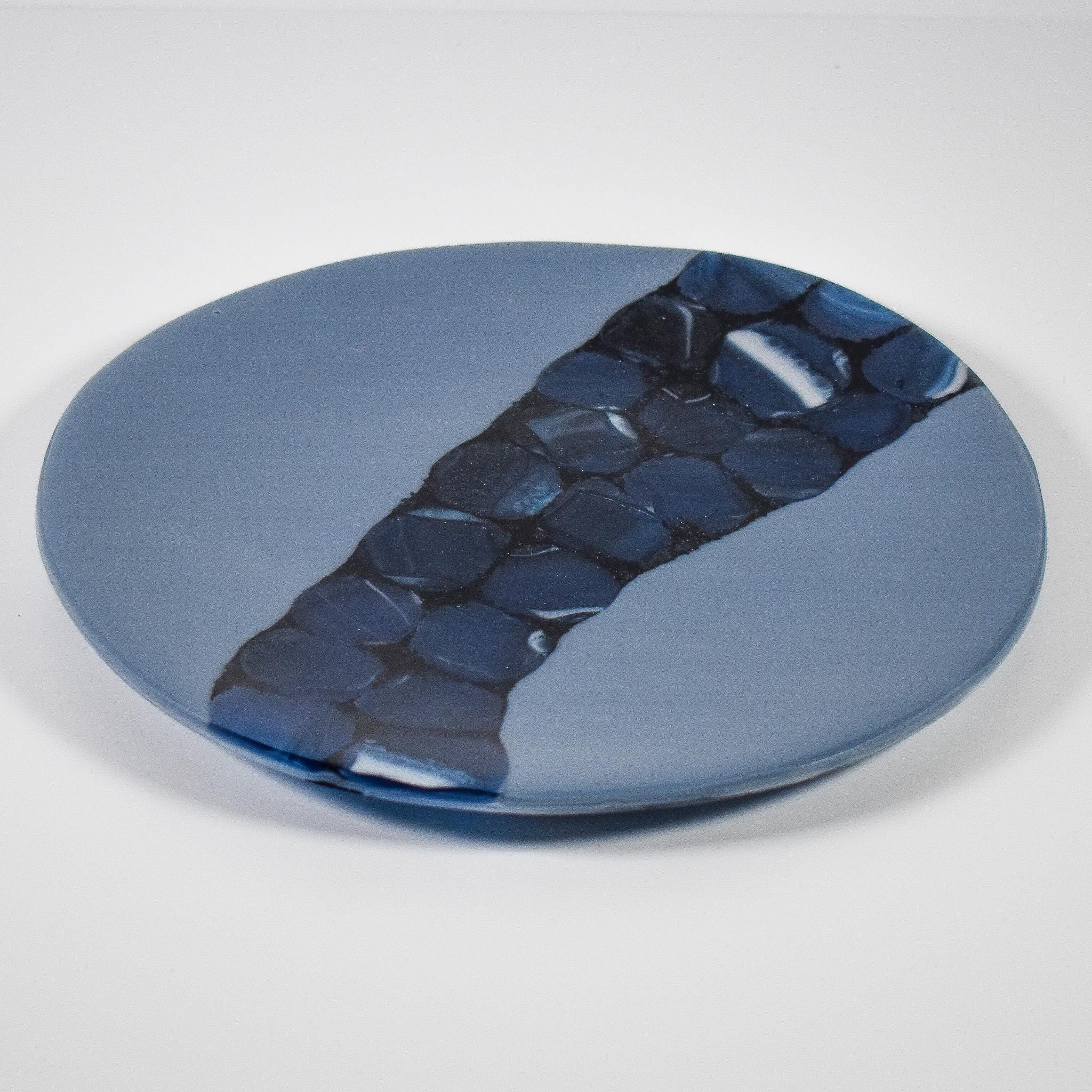 Handcrafted Fused Glass Plate in Payne's Gray and Sparkling Blue - Versatile Home Decor Piece