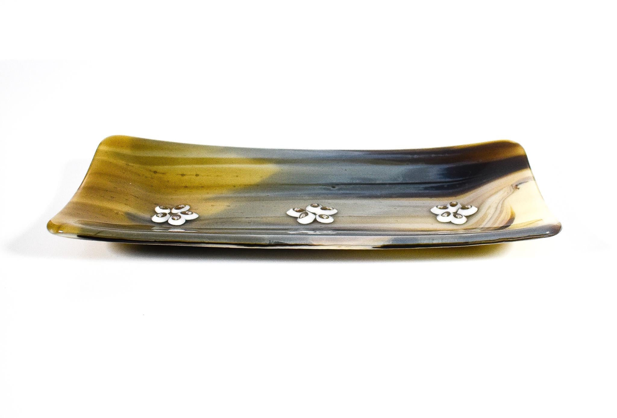 Tan and Gold Streaky Glass Tray with Glass Murrini - Trinket Tray - 10 inch