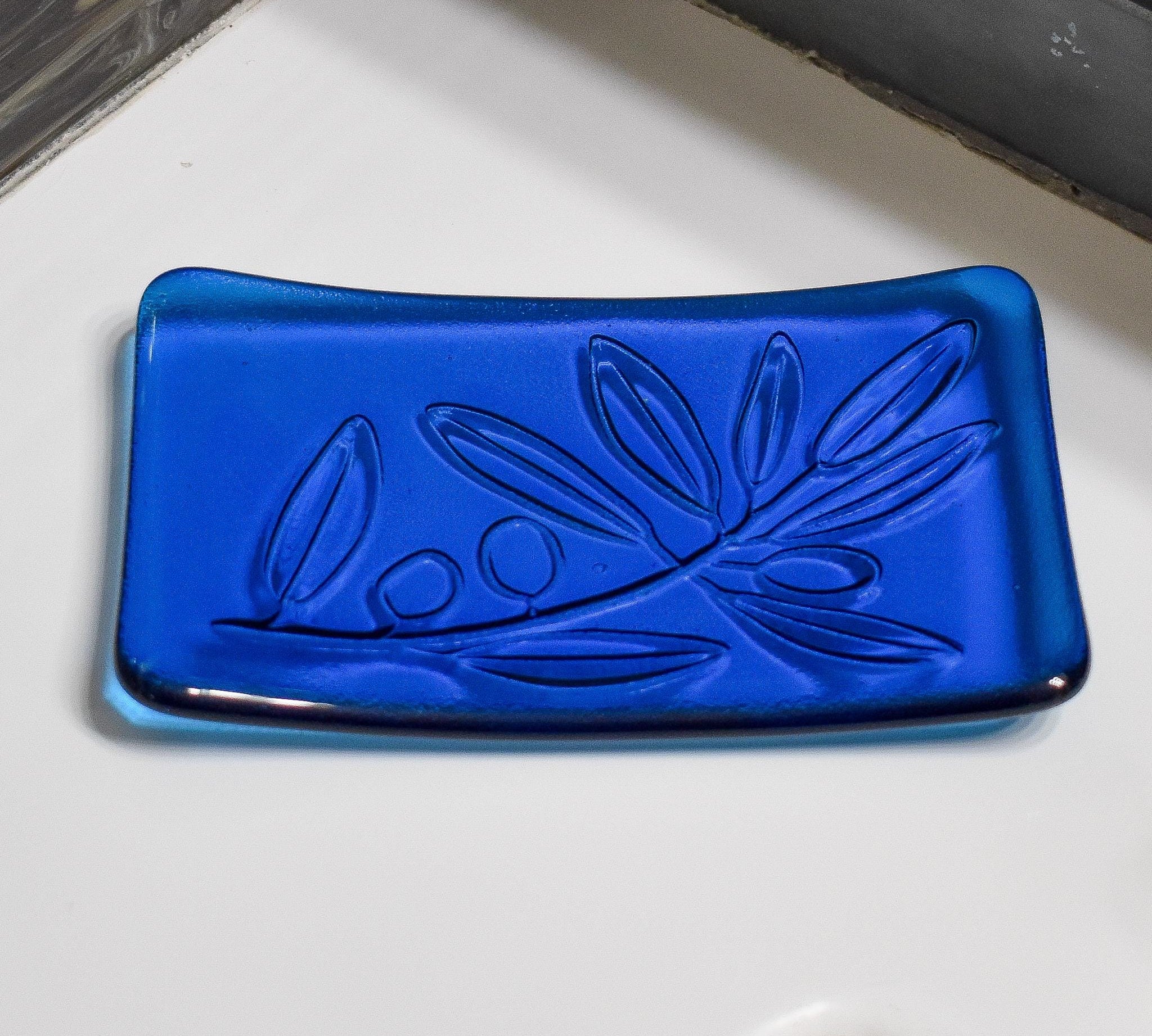 Glass Soap Dish with Olive Branch Design - Various Colors