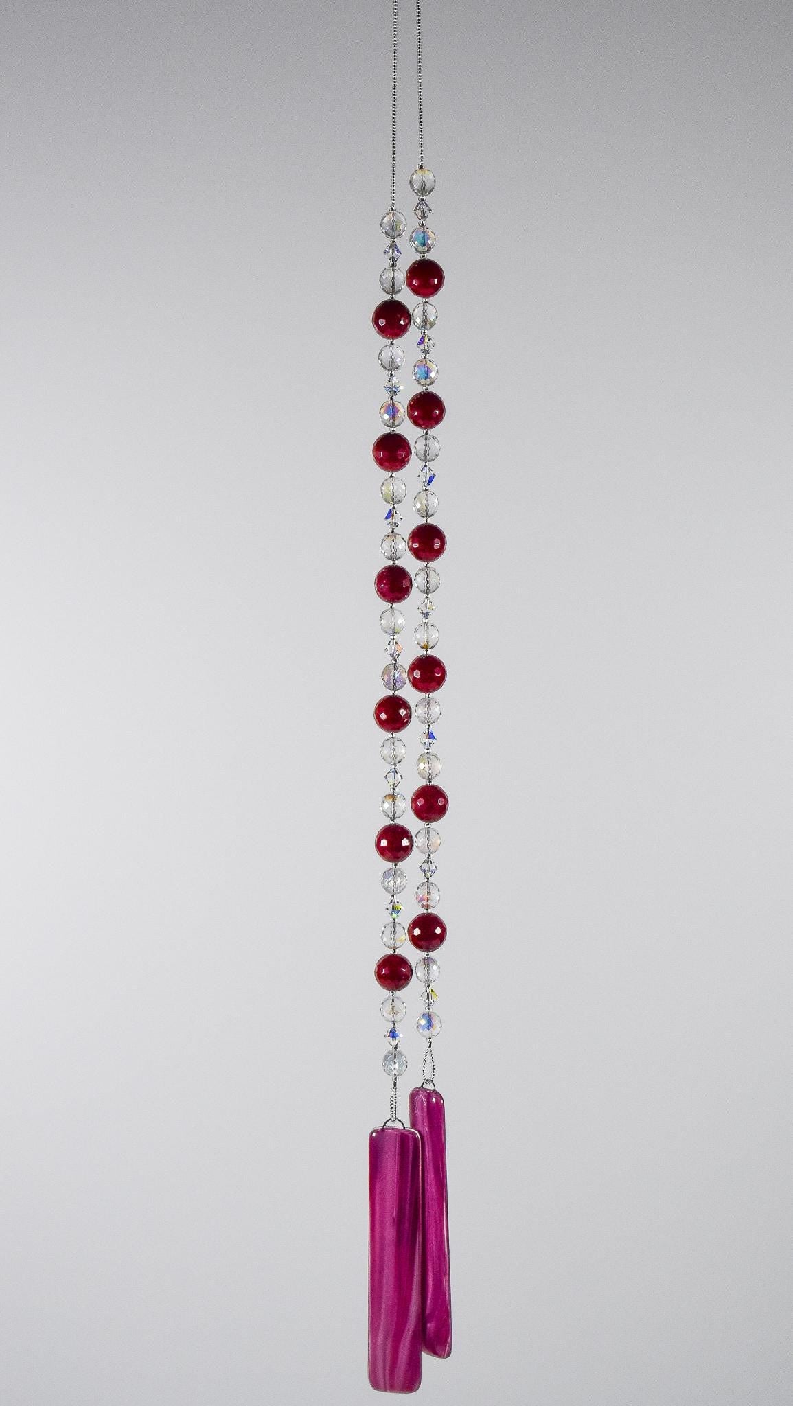 Cranberry Pink & Red Jade Beaded Sun Chime - Fused Glass Patio and Garden Decor