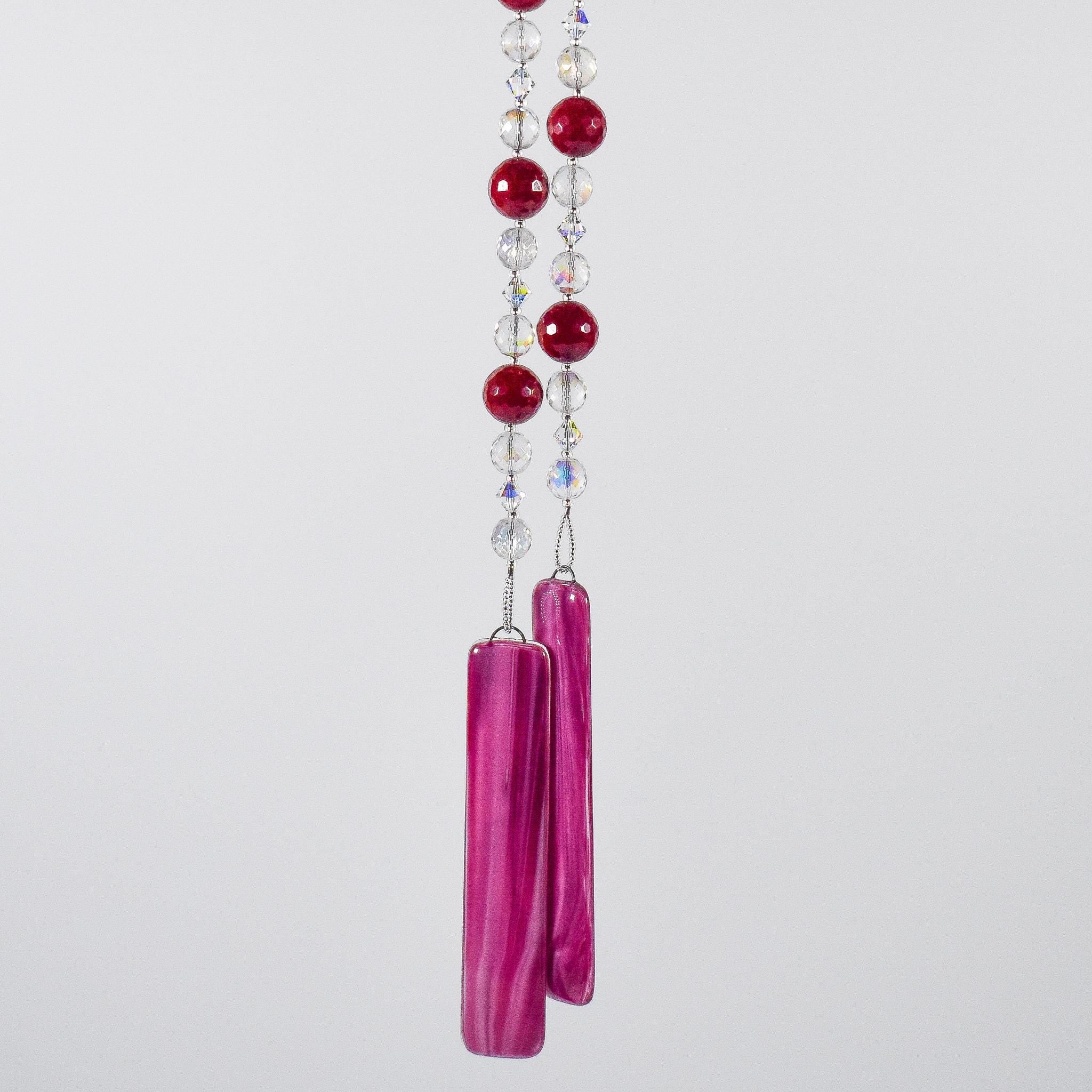 Cranberry Pink & Red Jade Beaded Sun Chime - Fused Glass Patio and Garden Decor