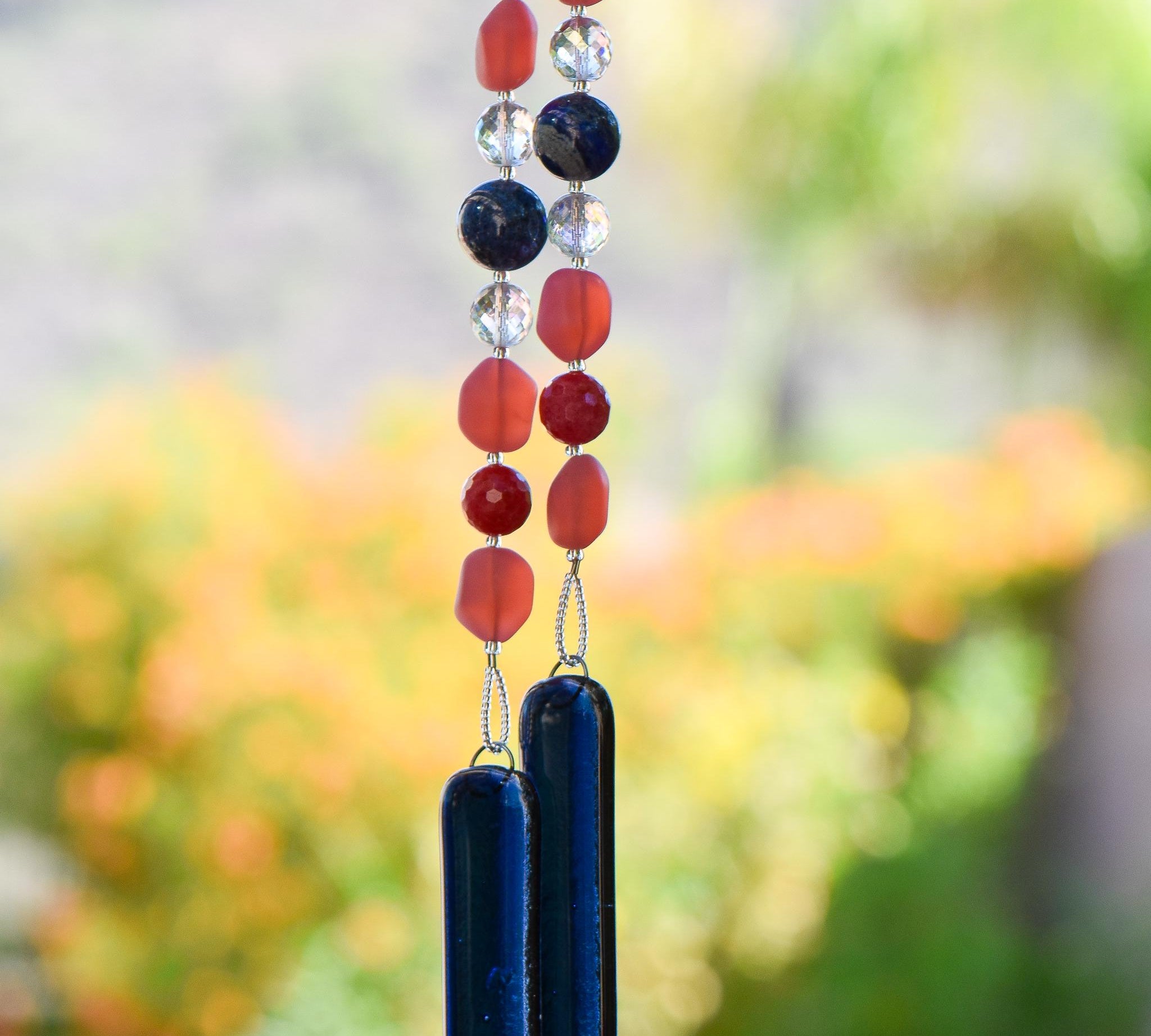 Red Pink and Navy Sun Chime with Dumortierite Stones - Bright and Beautiful Hanging Patio Decor