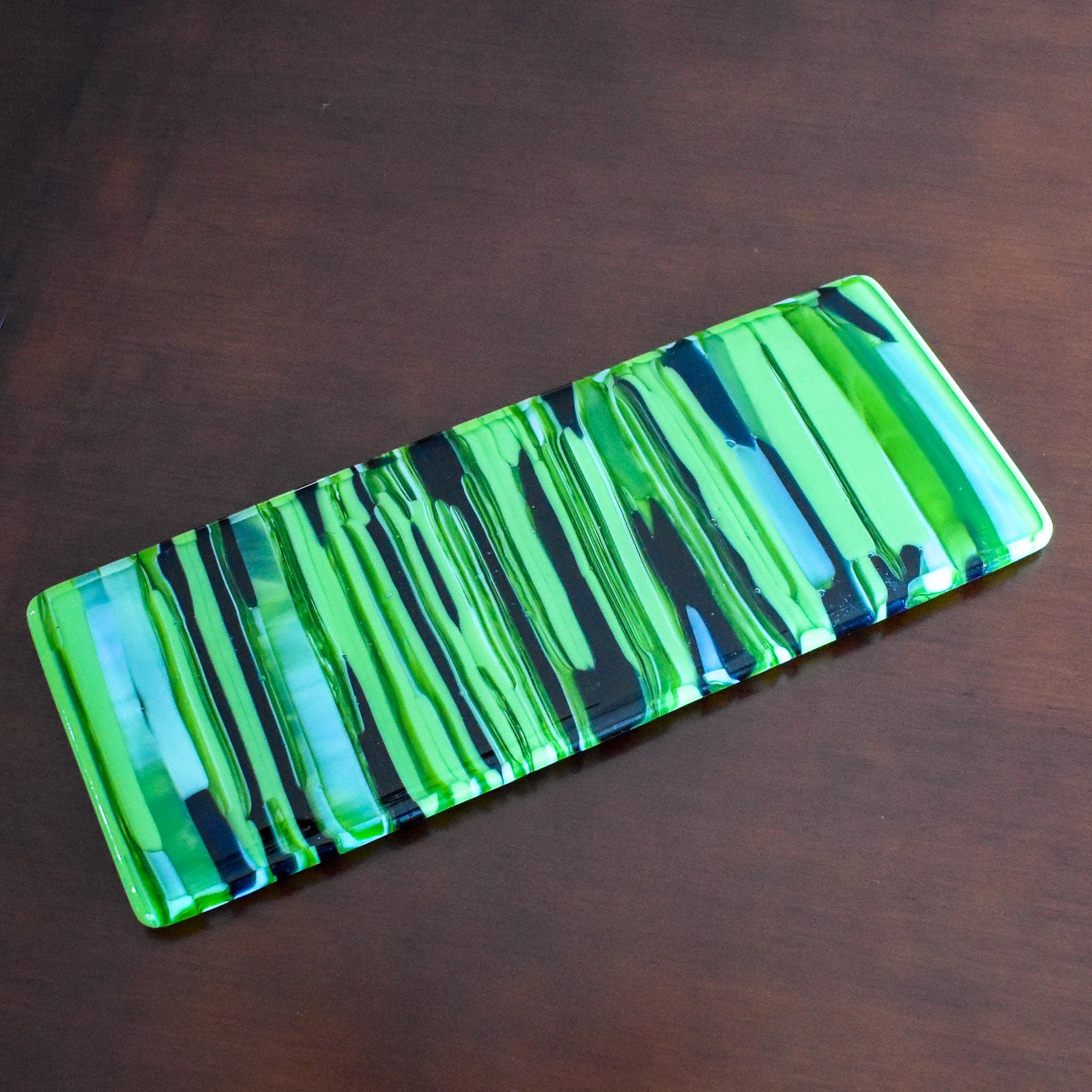 Modern Glass Cheese Board - Handcrafted Navy Blue and Lime Green Tray - 13x5 - Unique Gift Idea