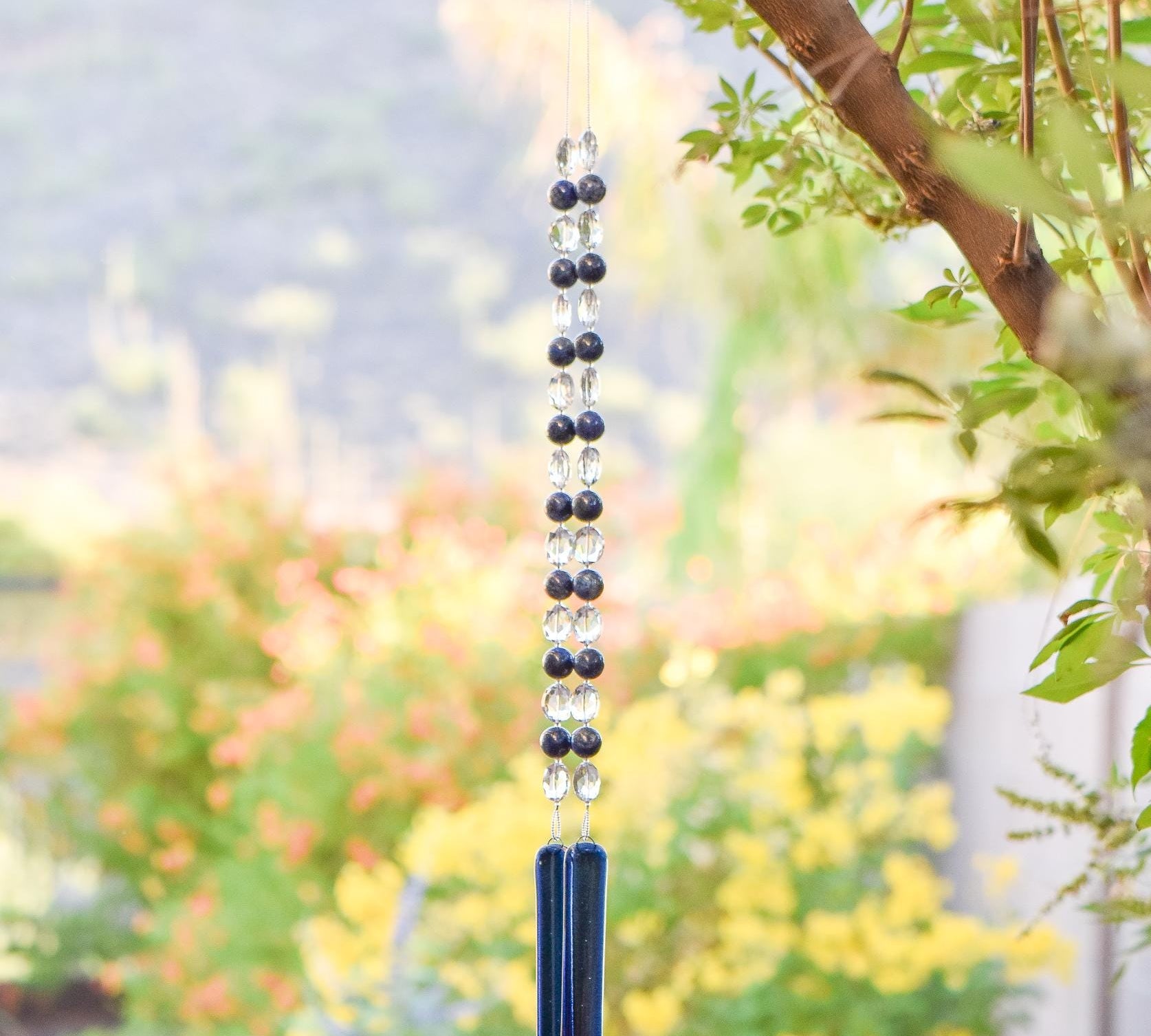 Blue Lapis Lazuli and Glass Sun Chime - Sparkling Outdoor Decor for Garden