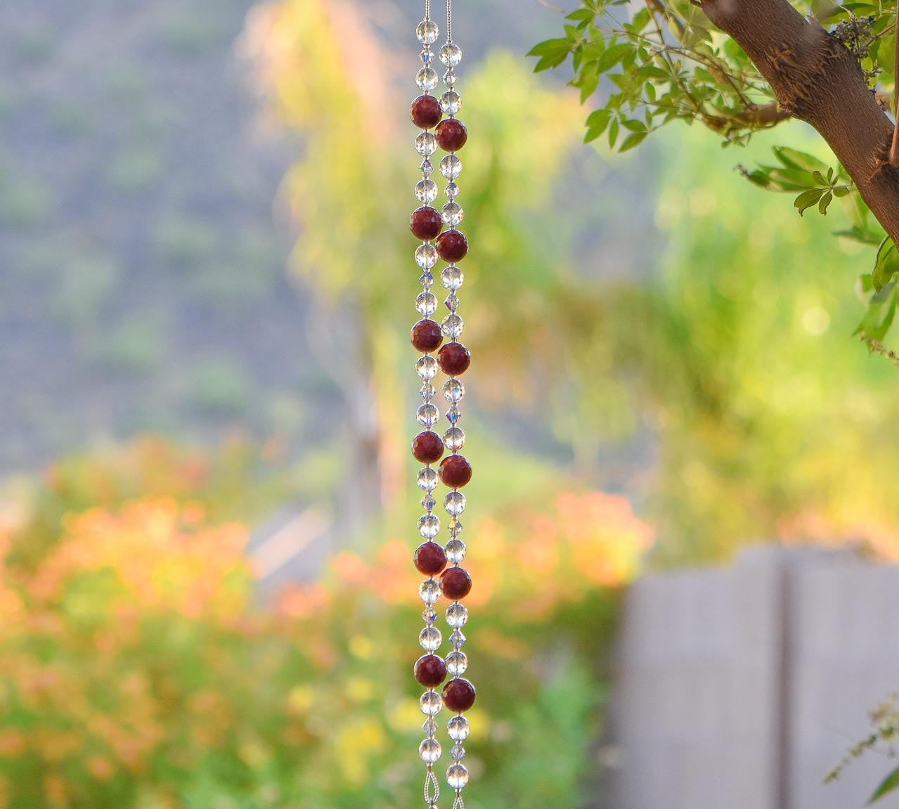 Cranberry Pink & Red Jade Beaded Sun Chime - Fused Glass Patio and Garden Decor