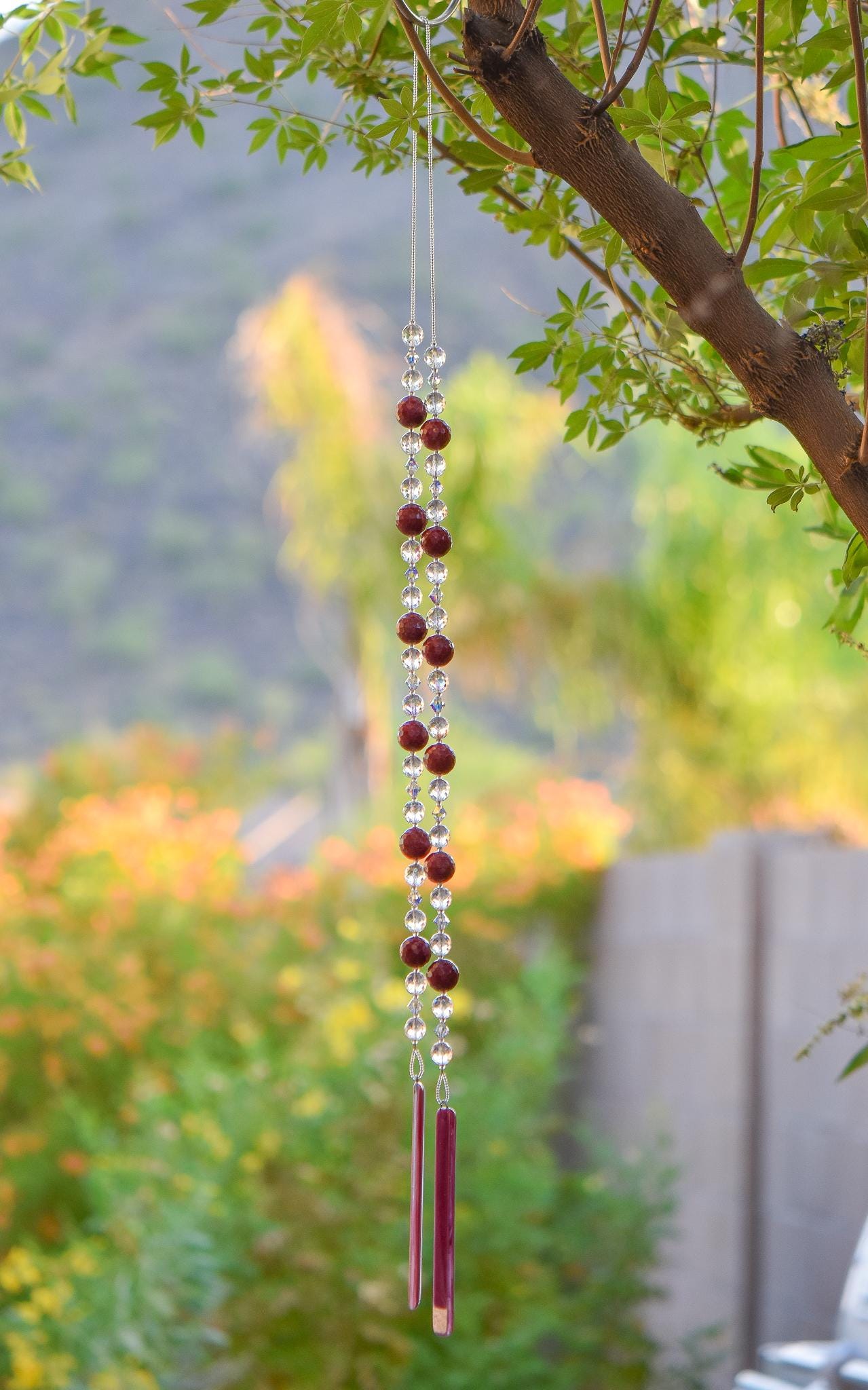 Cranberry Pink & Red Jade Beaded Sun Chime - Fused Glass Patio and Garden Decor