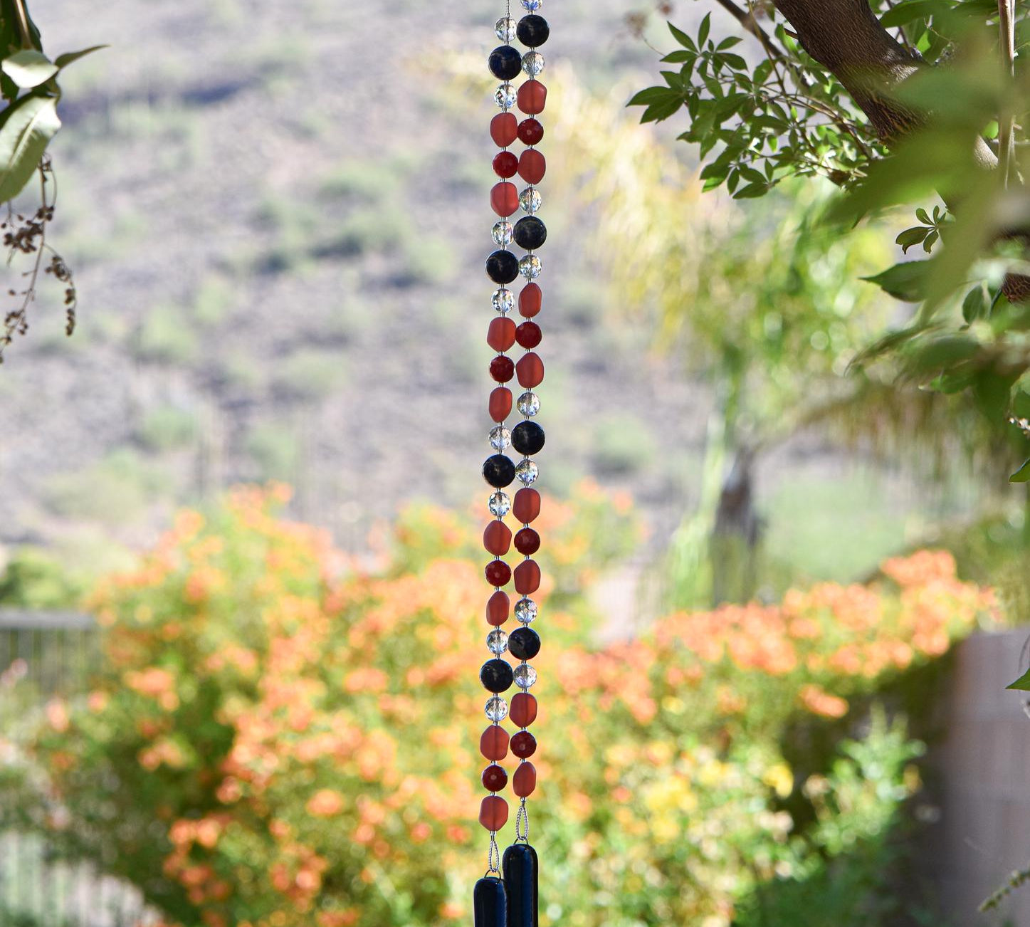 Red Pink and Navy Sun Chime with Dumortierite Stones - Bright and Beautiful Hanging Patio Decor