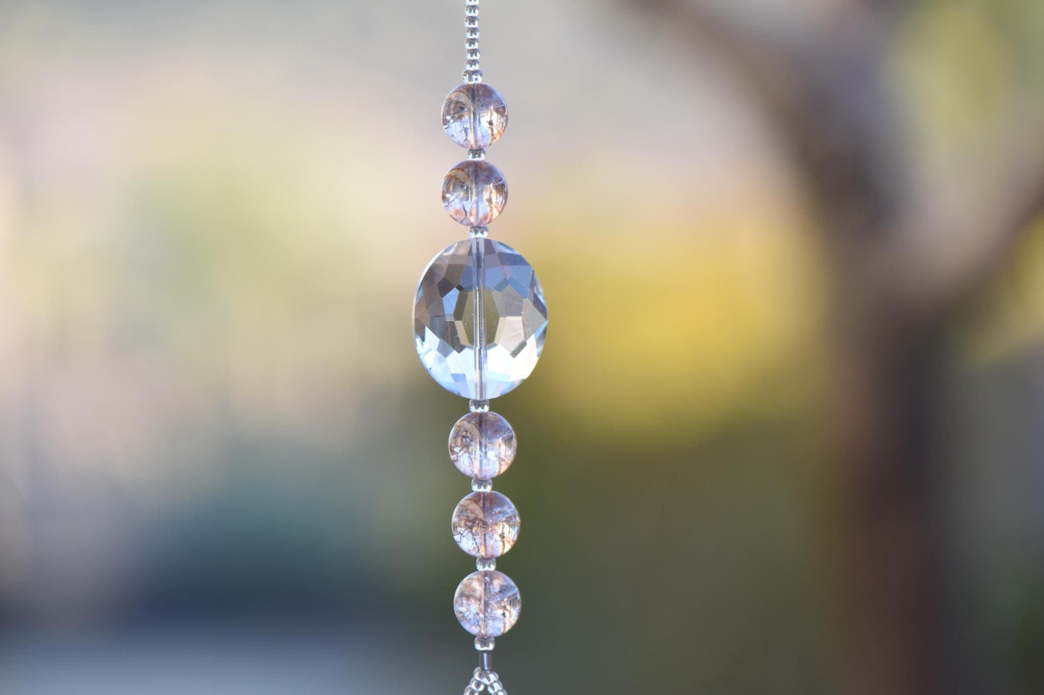 Small Handcrafted Sun Catcher with Pink Beads, a Large Oval Crystal, and Stone Pendant - Elegant Window Decor, Pink Ornament, Home Decor