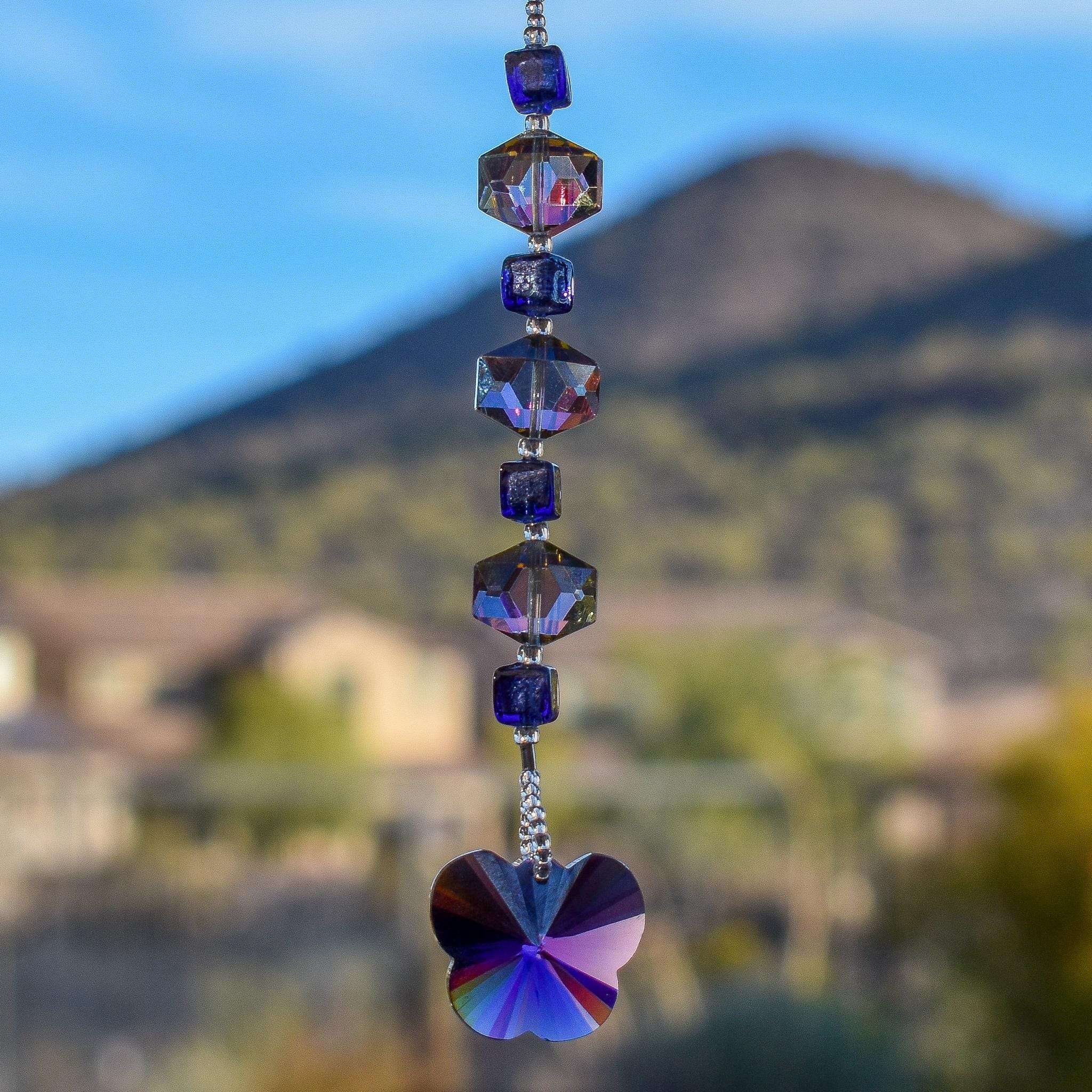 Small Purple Sun Catcher with Crystal Butterfly, Hanging Window or Garden Decor, Gift for Her