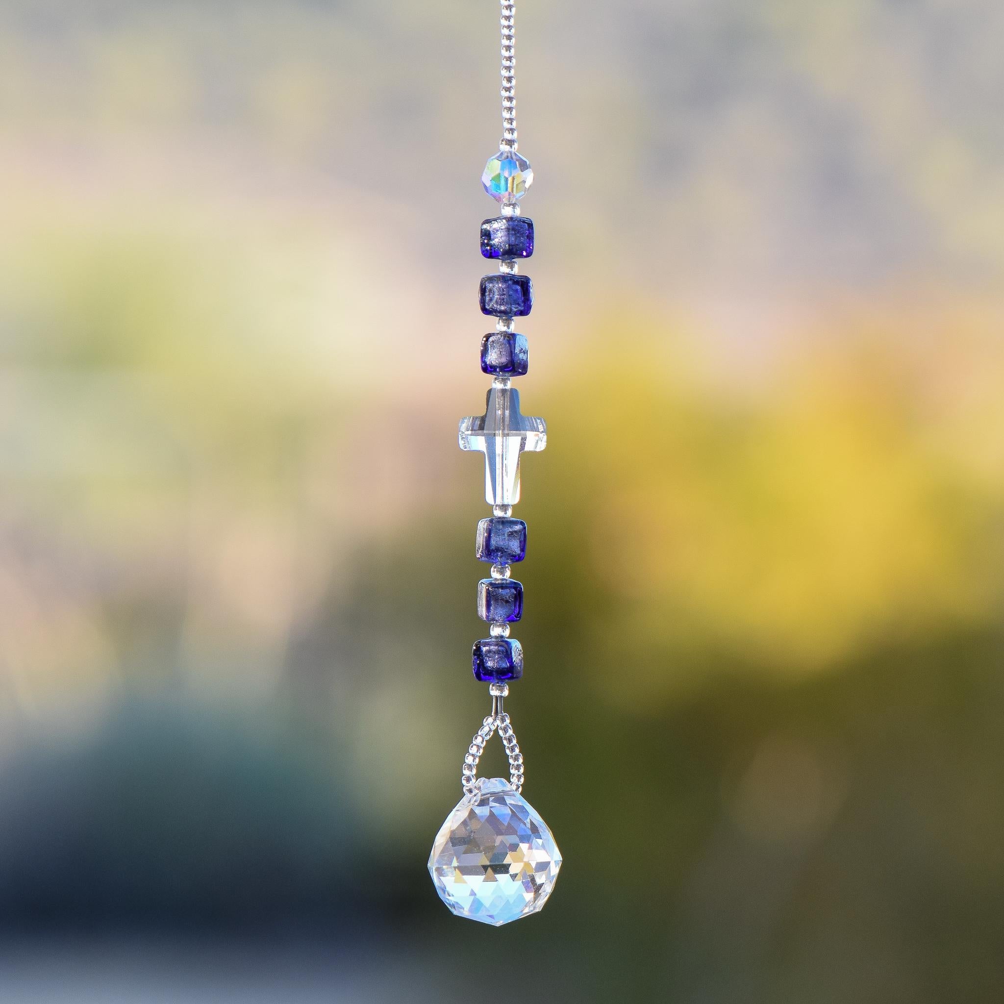 Versatile Purple Sun Catcher with Murano Glass and Crystal Cross – Car Charm, Home & Garden Décor - Christian Spiritual Gift