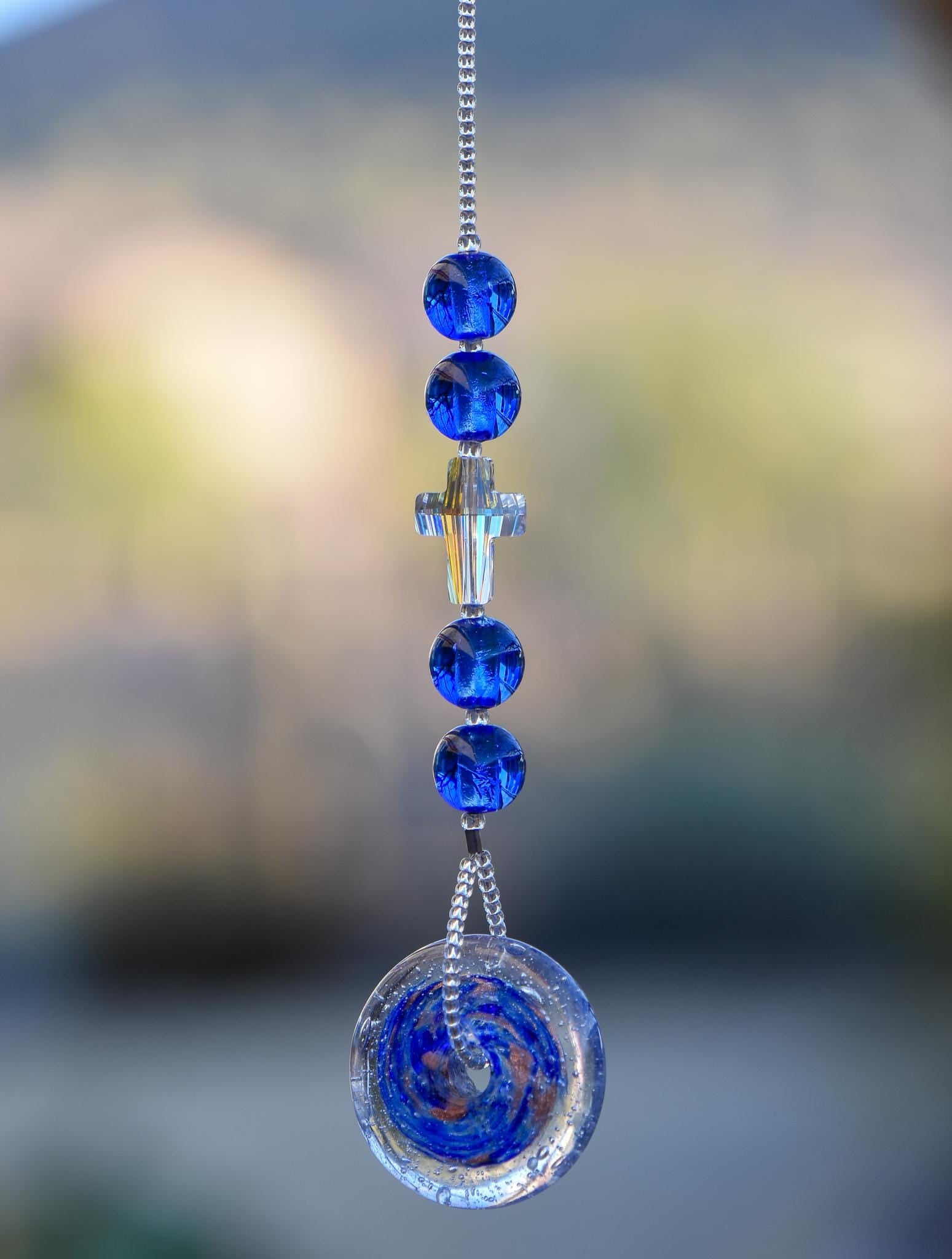 Cobalt Blue Murano Glass Sun Catcher with Iridescent Cross for Mother's Day or Any Day - Christian Spiritual Gift