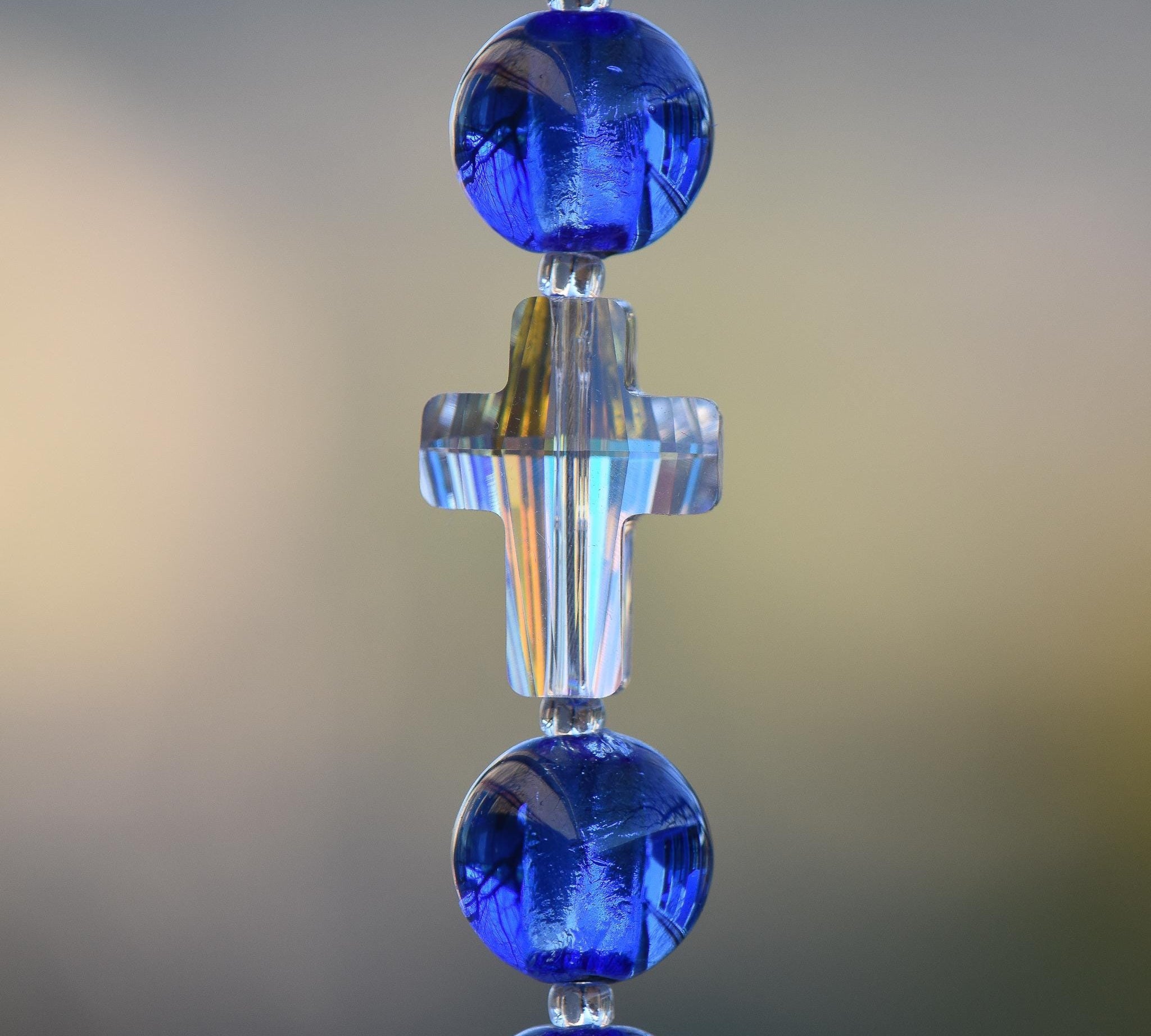 Cobalt Blue Murano Glass Sun Catcher with Iridescent Cross for Mother's Day or Any Day - Christian Spiritual Gift