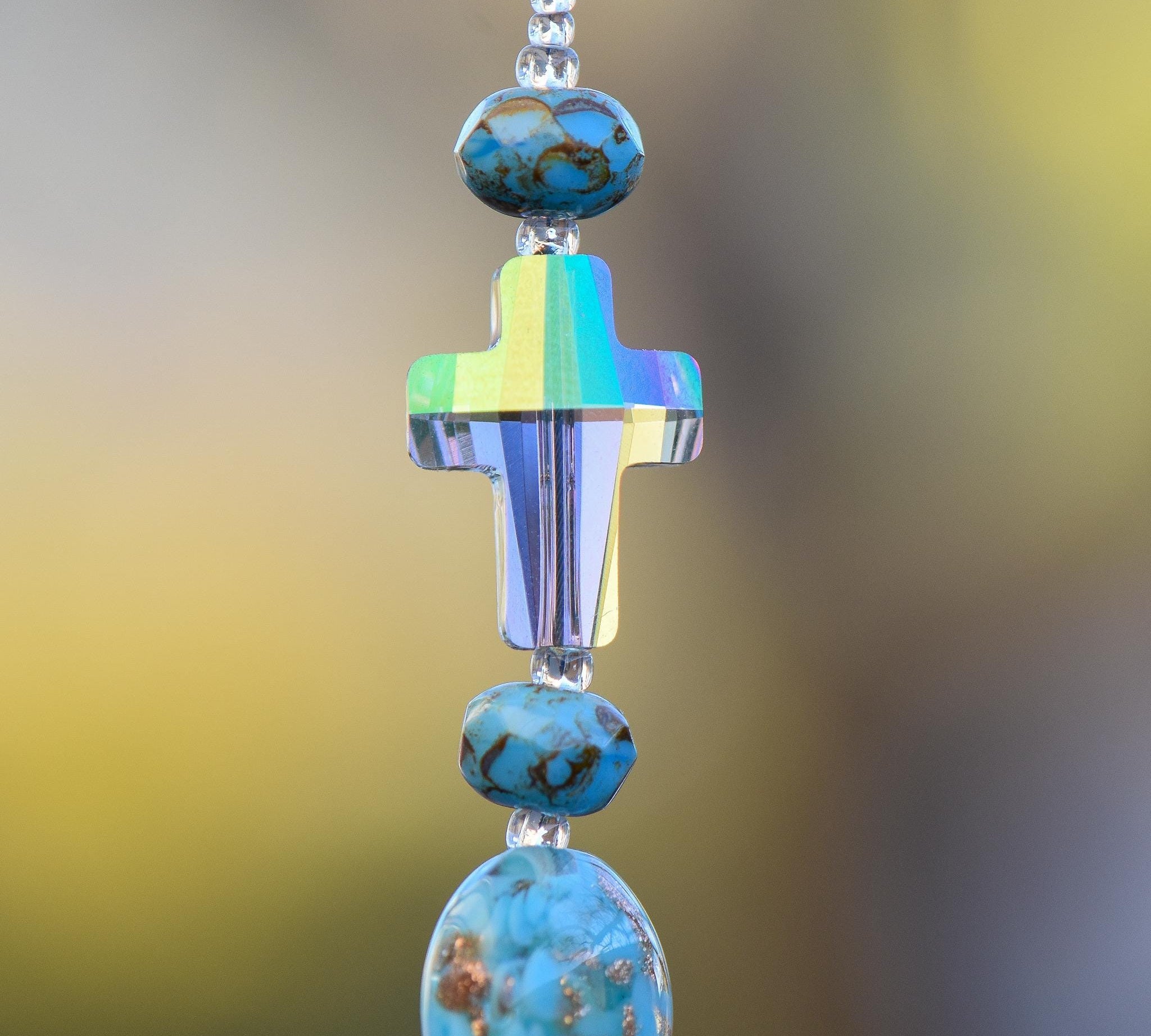 Small Aqua Blue Sun Catcher with Paradise Shine Cross and Stone Pendant - Add Sparkle to your Window or Garden - Christian Spiritual Gift