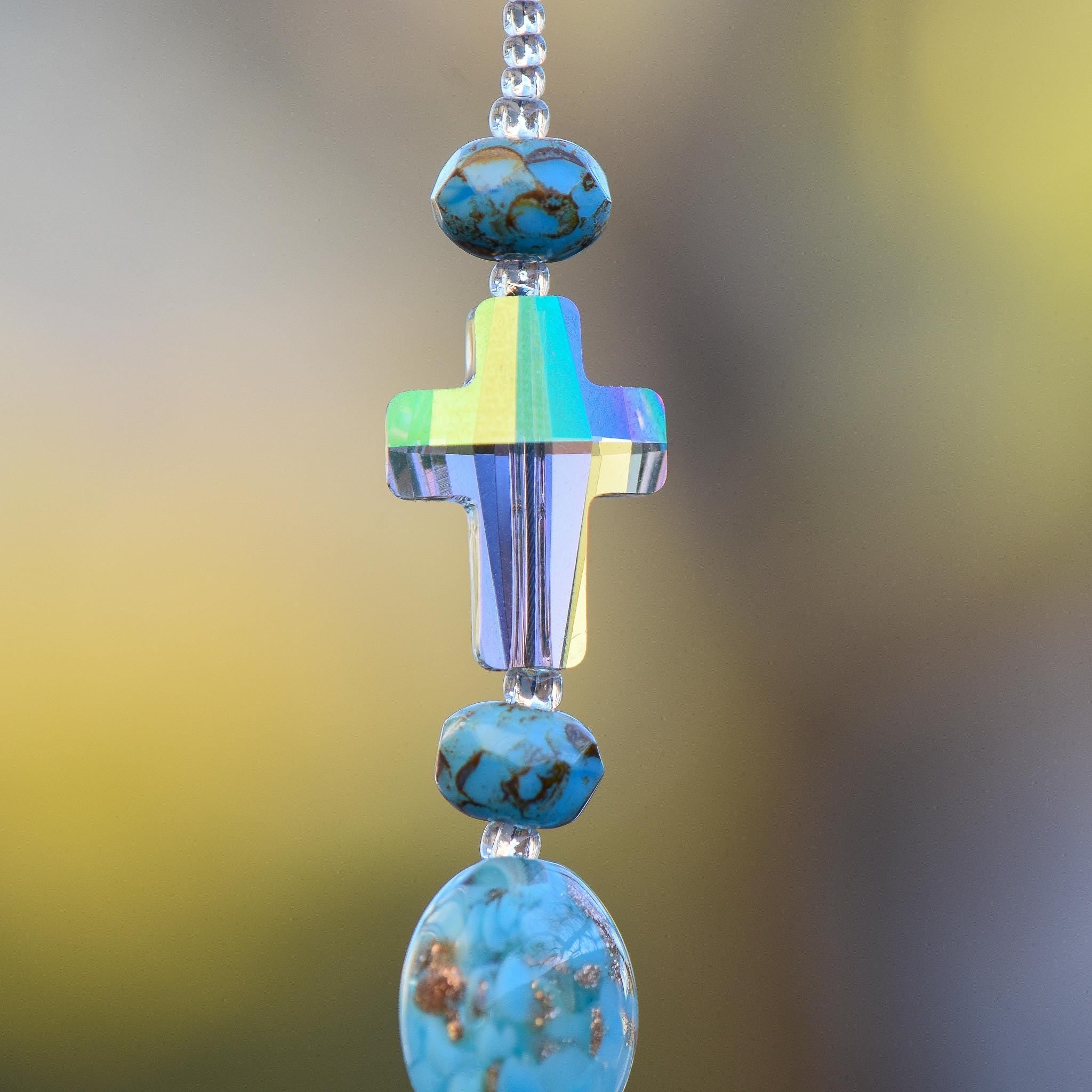 Small Aqua Blue Sun Catcher with Paradise Shine Cross and Stone Pendant - Add Sparkle to your Window or Garden - Christian Spiritual Gift