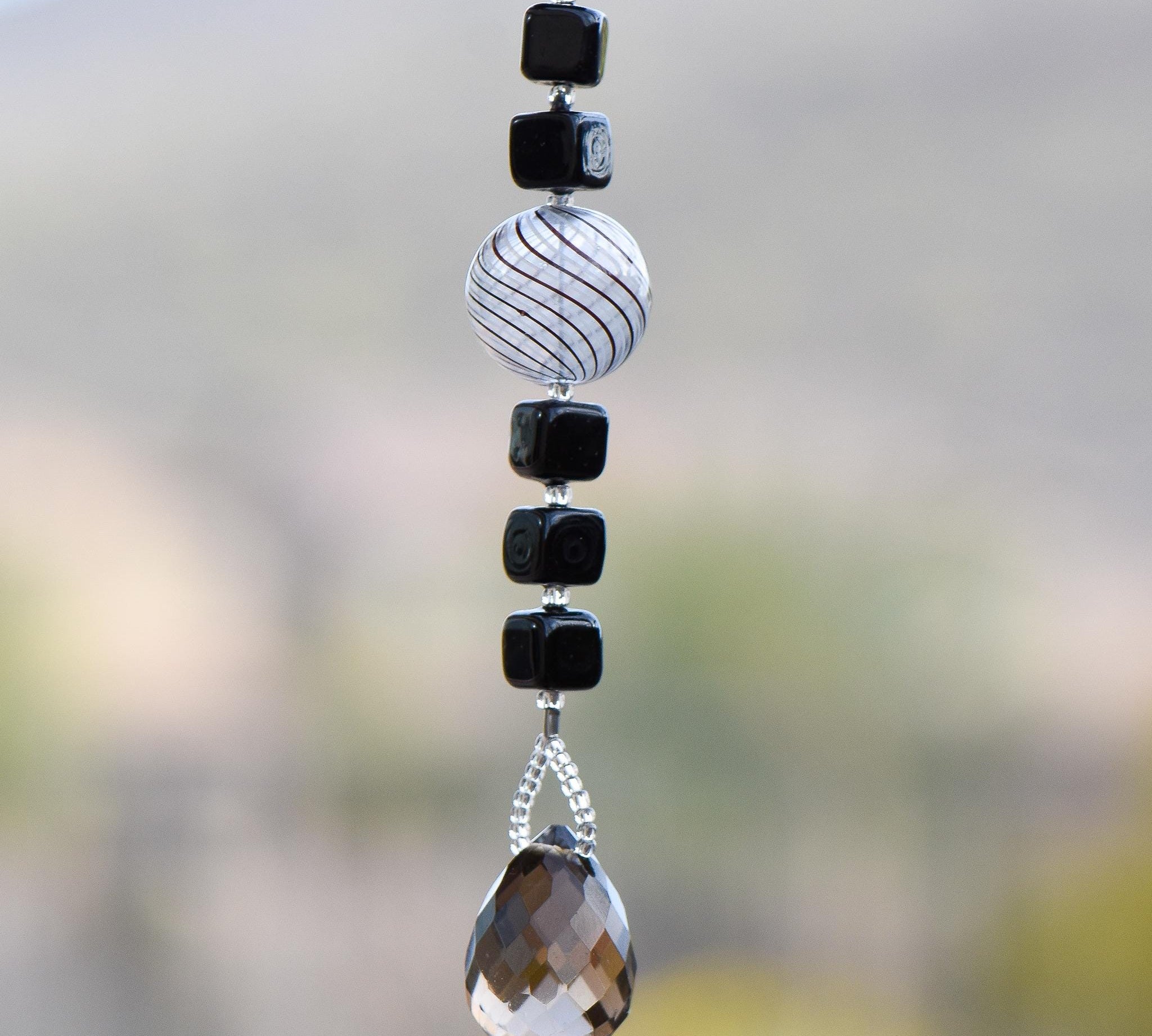 Small Black Murano Glass Sun Catcher with Smoky Quartz Pendant – Hanging Window or Garden Décor – Unique Small Gift