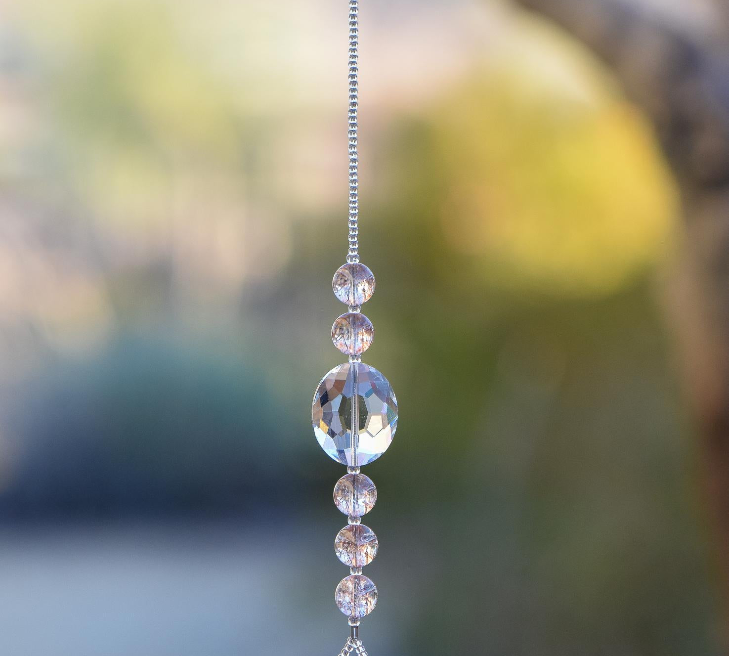 Small Handcrafted Sun Catcher with Pink Beads, a Large Oval Crystal, and Stone Pendant - Elegant Window Decor, Pink Ornament, Home Decor