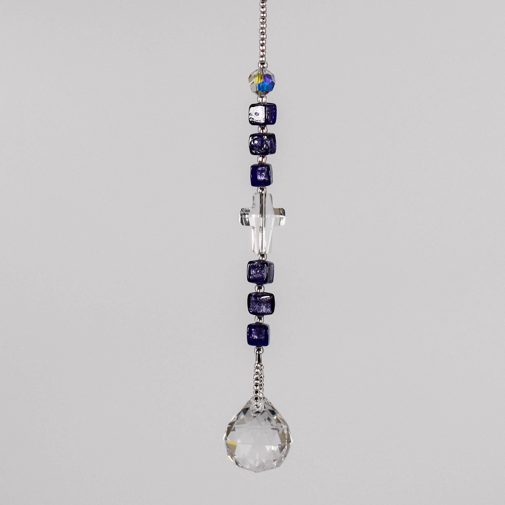 Versatile Purple Sun Catcher with Murano Glass and Crystal Cross – Car Charm, Home & Garden Décor - Christian Spiritual Gift